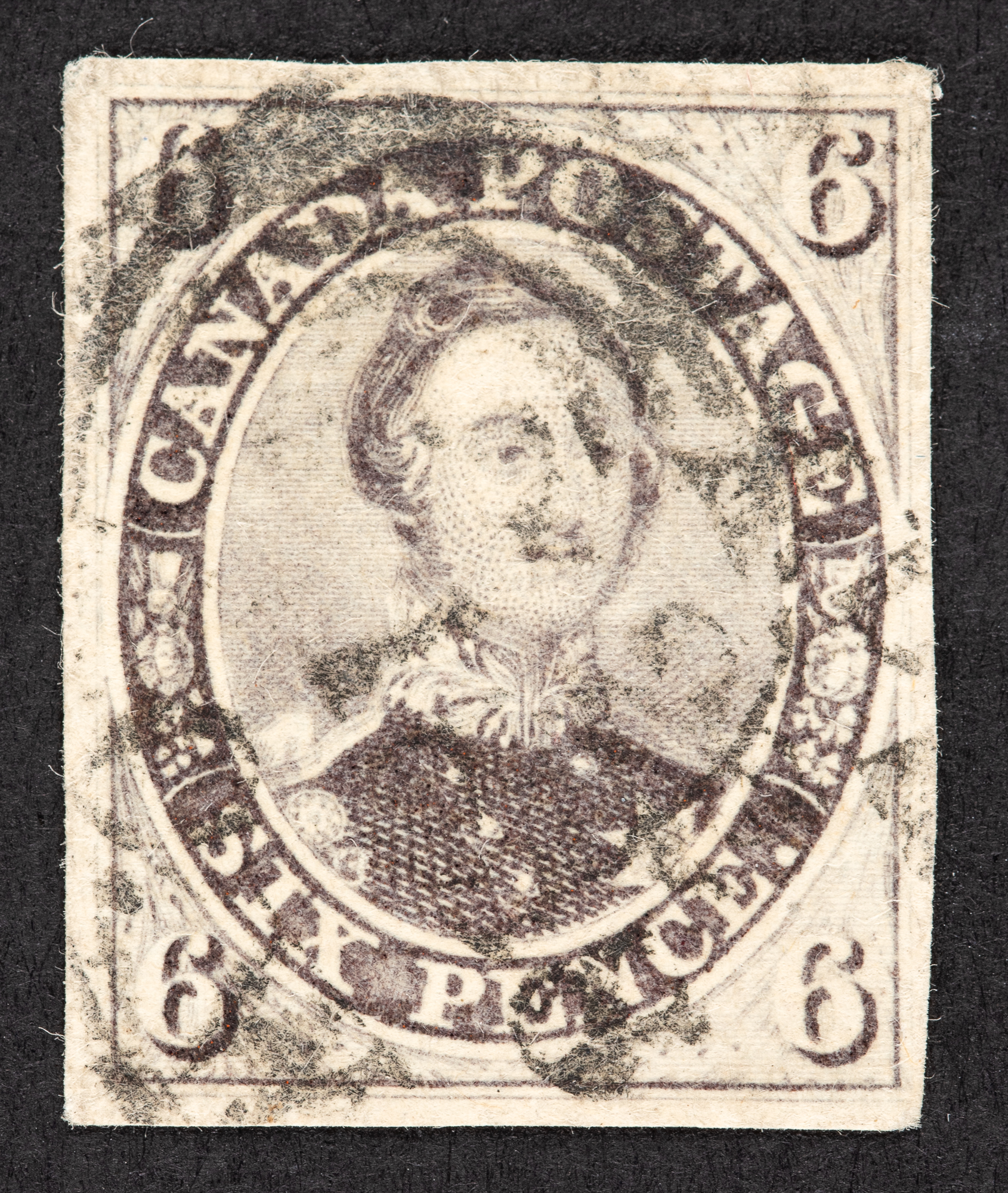 Lot image - Canada 1857 Thick Soft Wove paper 6 Pence Reddish Purple Scott 10 $7,500