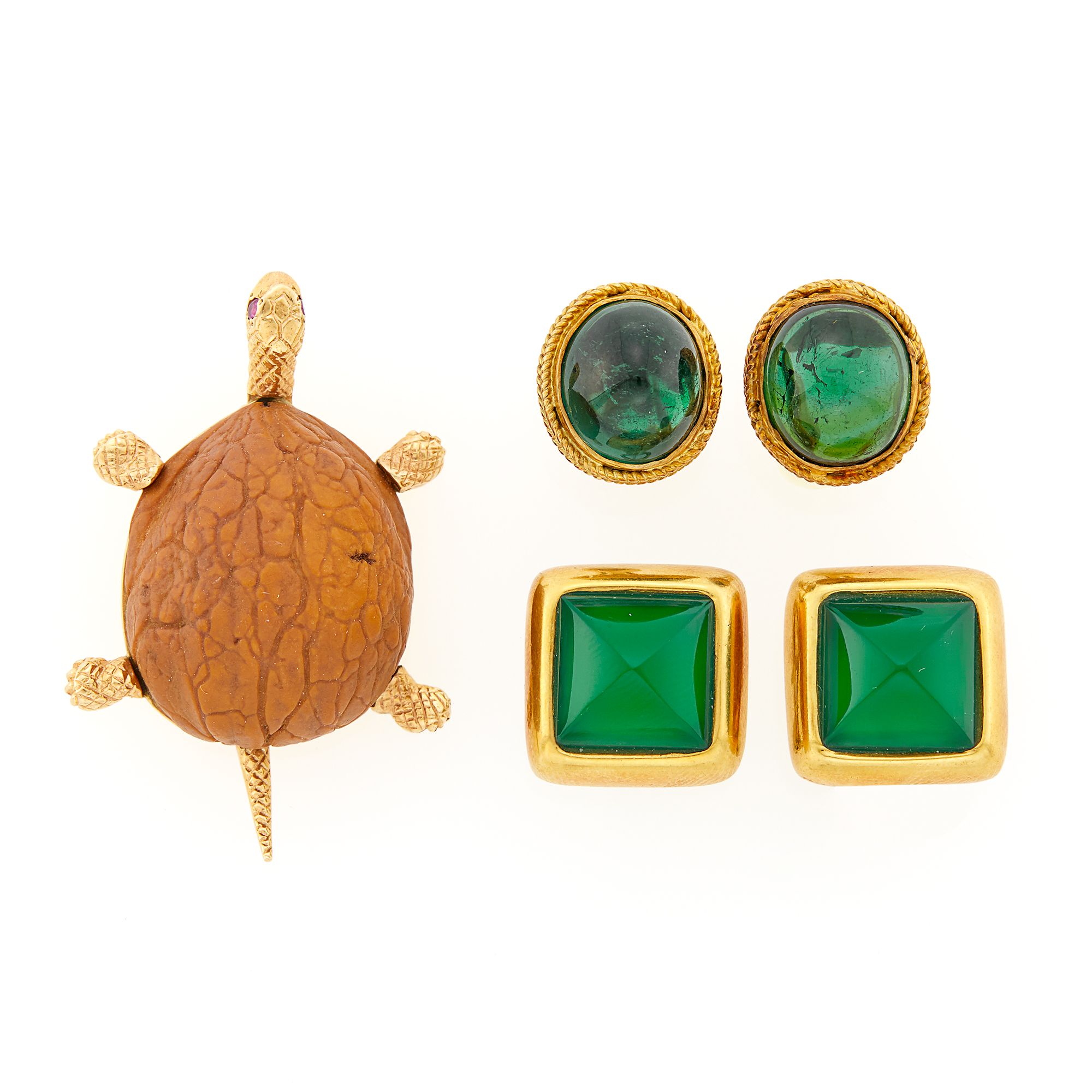 Lot image - Cellino Gold and Shell Turtle Brooch and Two Pairs of Gold, Cabochon Tourmaline and Green Onyx Earrings