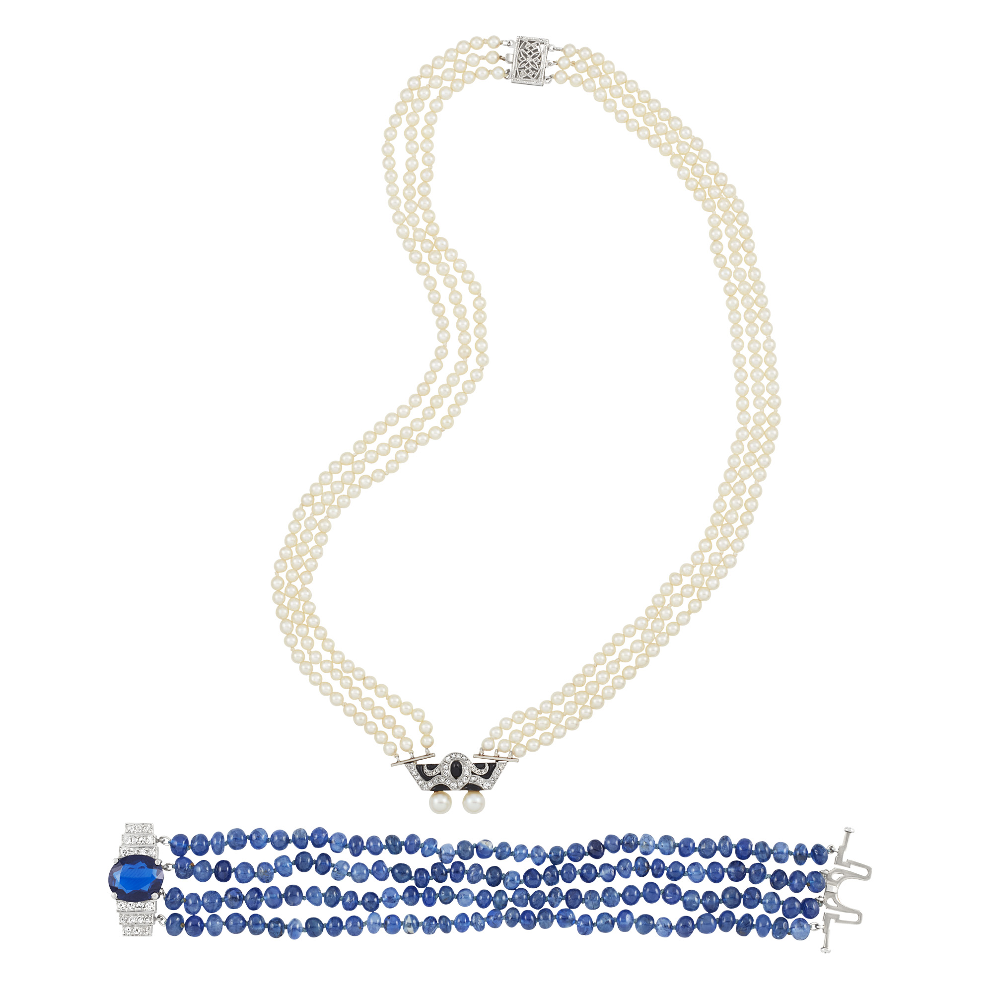 Lot image - Platinum, White Gold, Diamond and Gem-Set Necklace and Bracelet