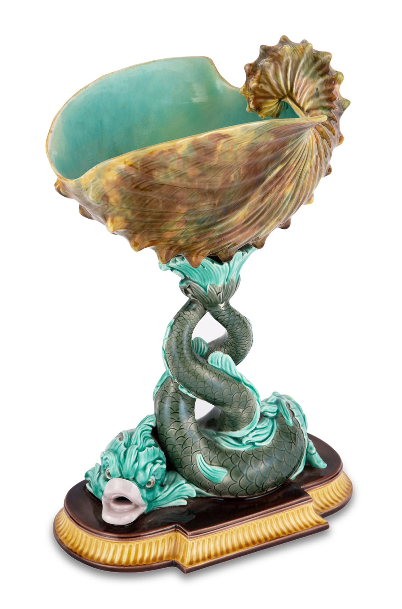 Lot image - Josiah Wedgwood & Sons Majolica Double Dolphins and Shell Centerpiece