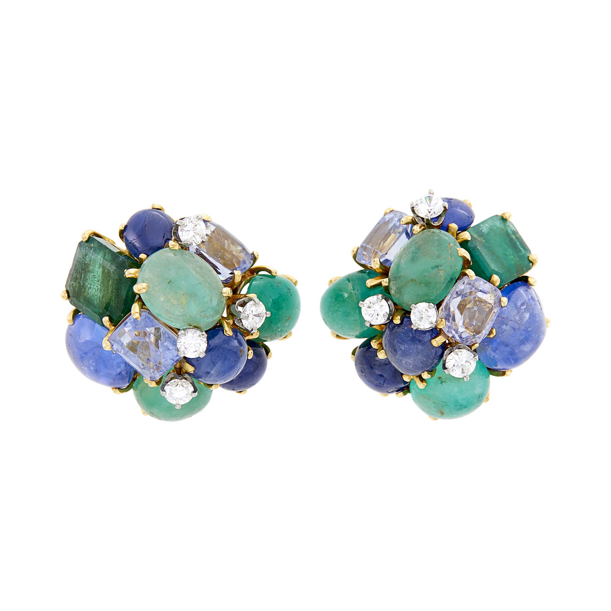 Lot image - Seaman Schepps Pair of Gold, Multicolored Stone and Simulated Diamond Cluster Earclips