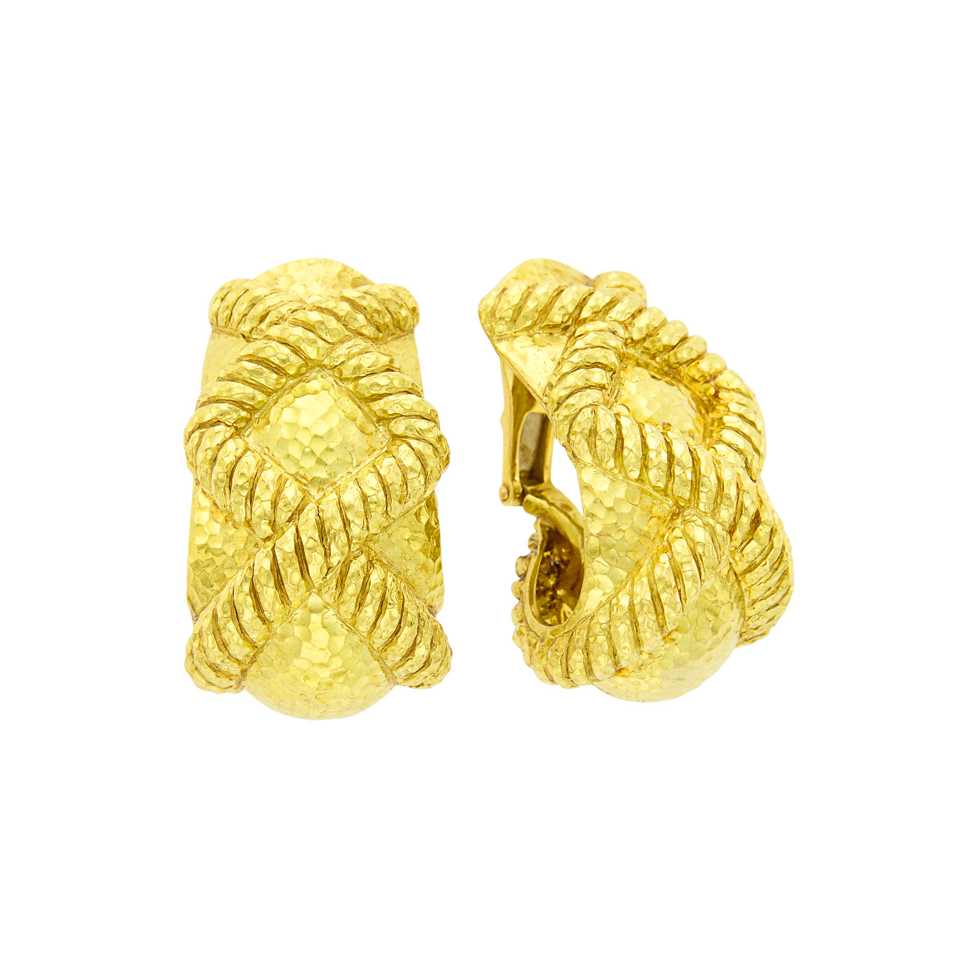 Lot image - David Webb Pair of Hammered Gold Hoop Earclips