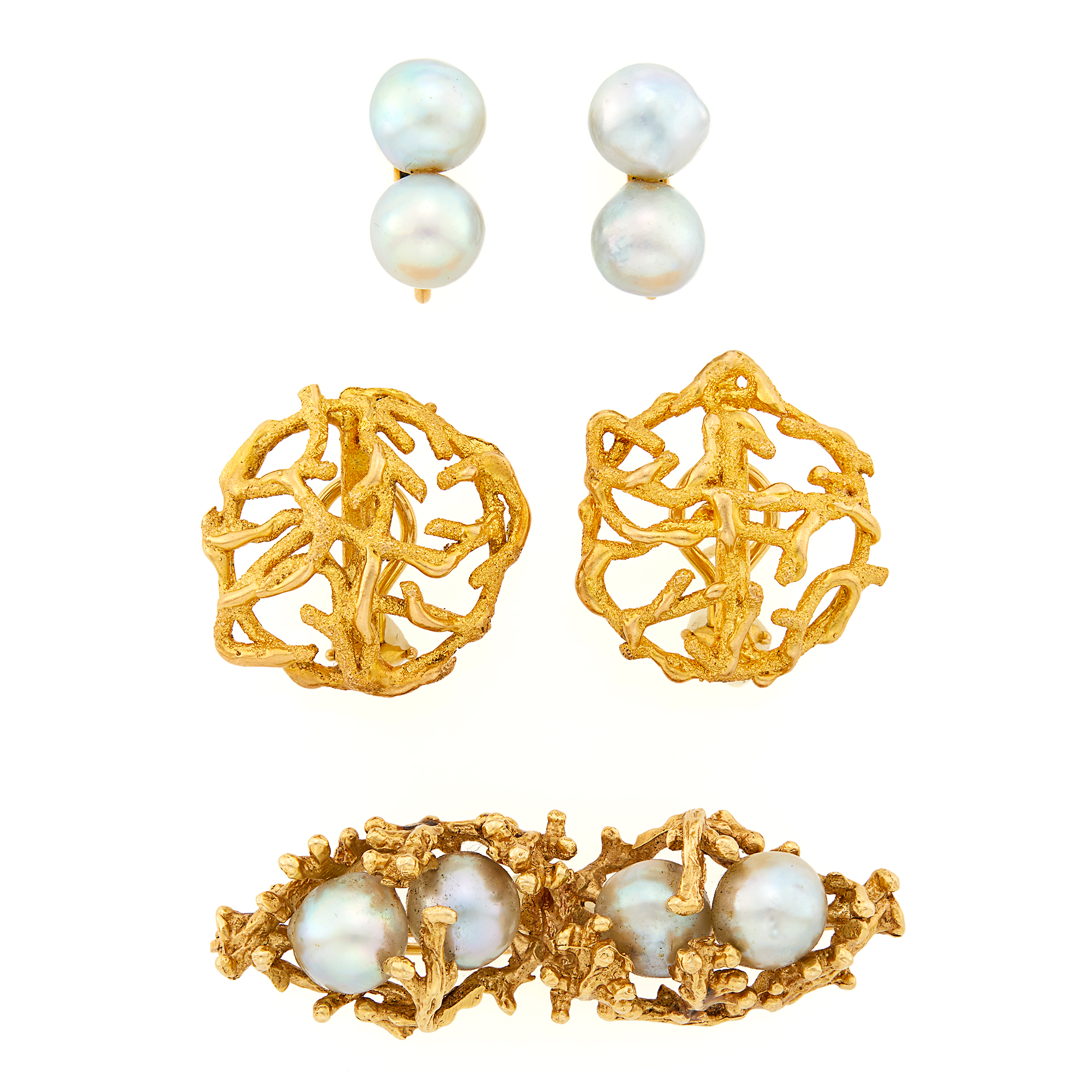 Lot image - Pair of Gold Earrings, Gray Baroque Cultured Pearl Brooch and Pair of Earclips