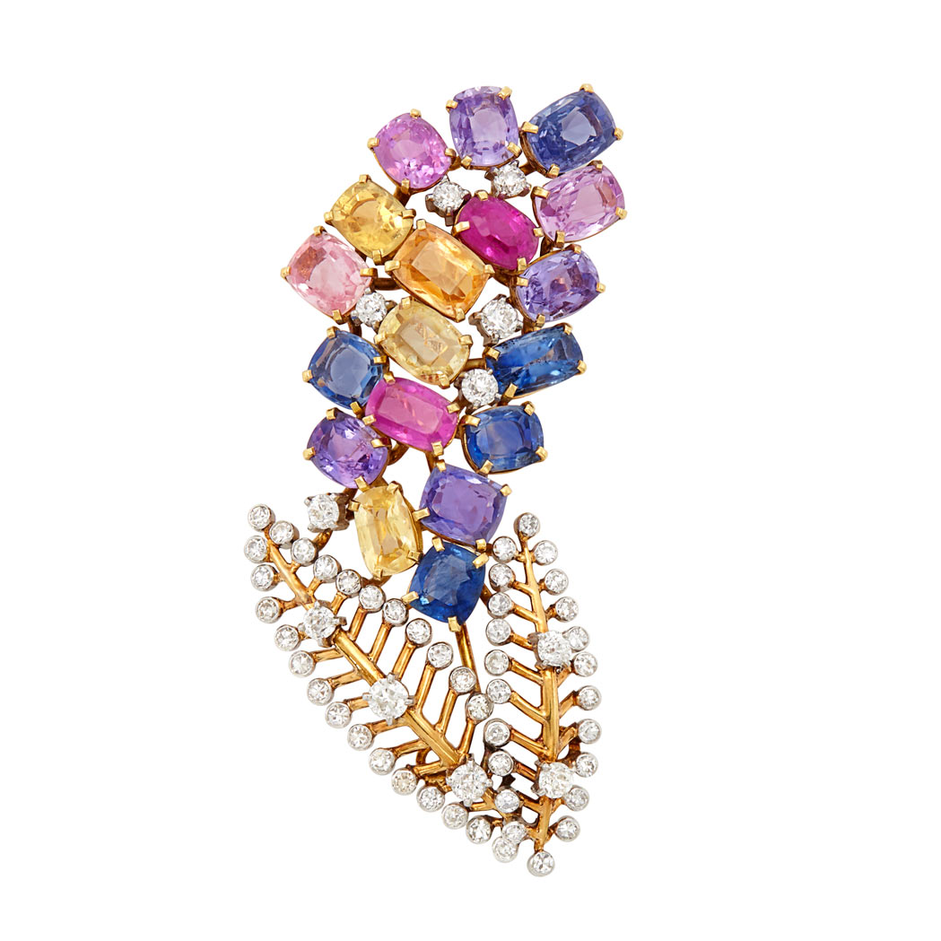 Lot image - Gold, Platinum, Multicolored Sapphire and Diamond Clip