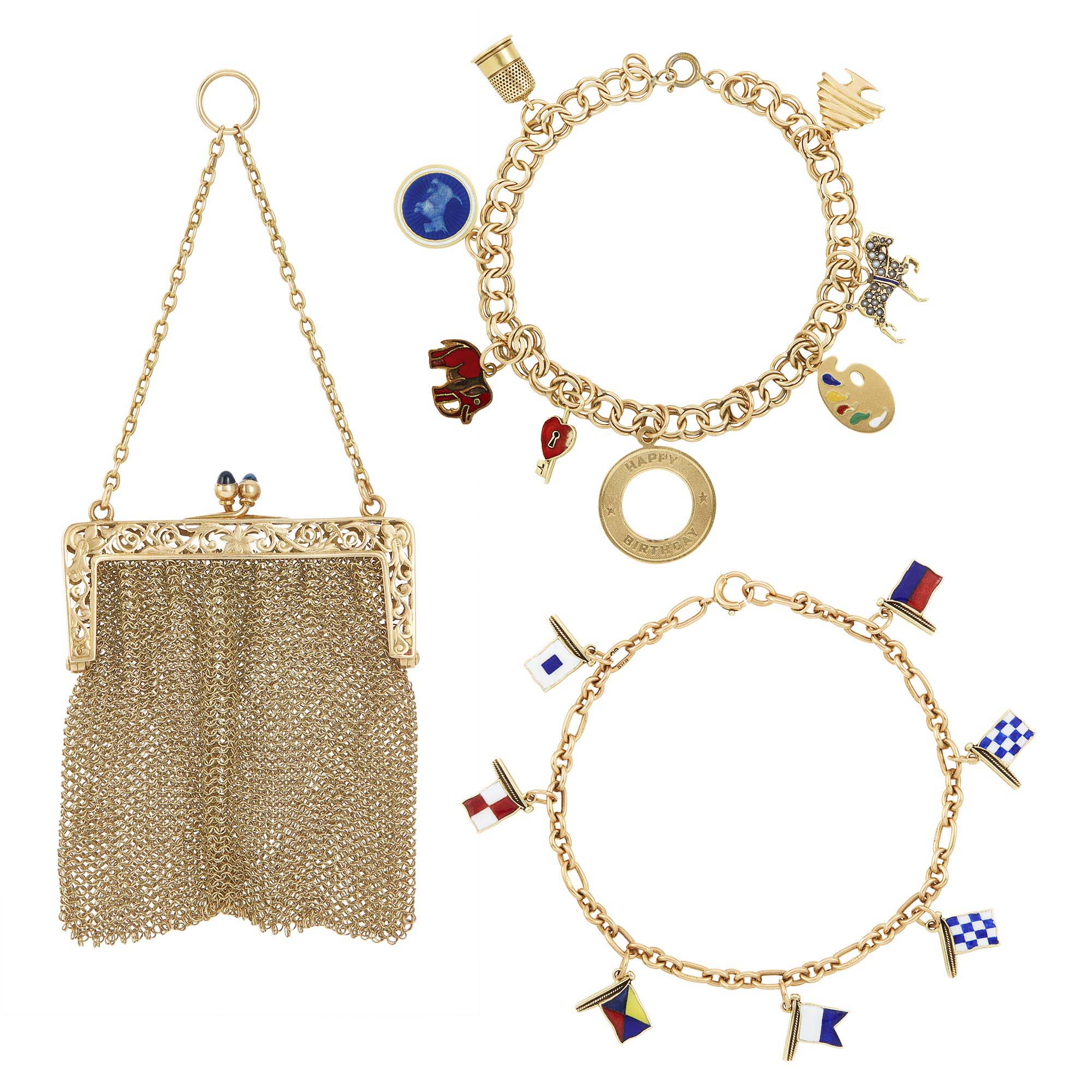 Lot image - Antique Gold Mesh Purse and Two Low Karat Gold and Enamel Charm Bracelets