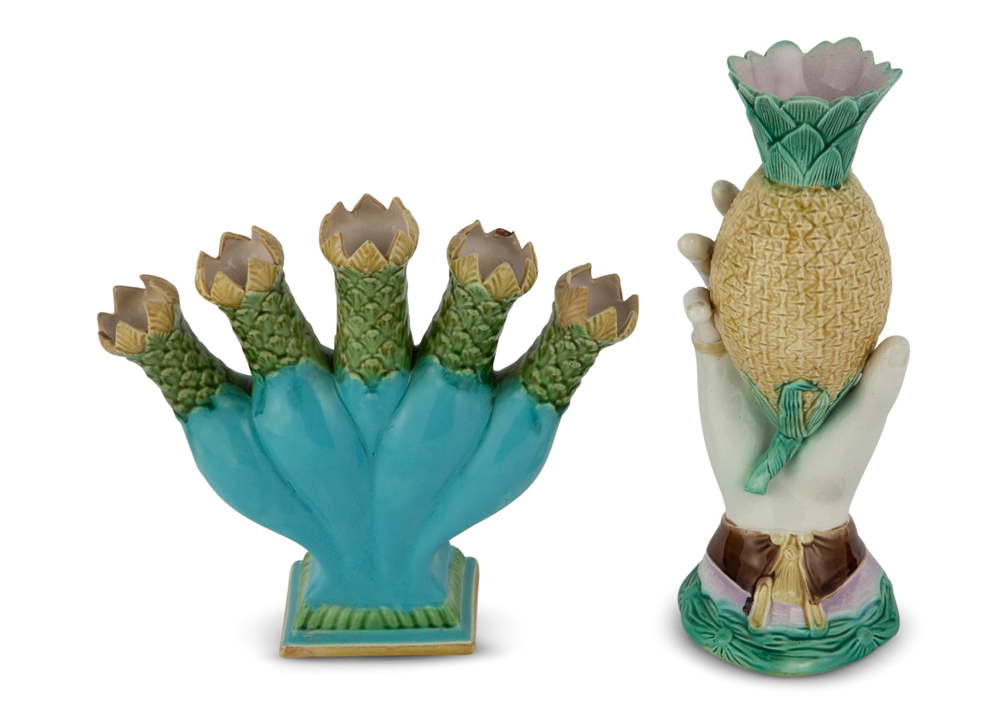 Lot image - Mintons Majolica Turquoise-Ground Five Compartment Flower Holder