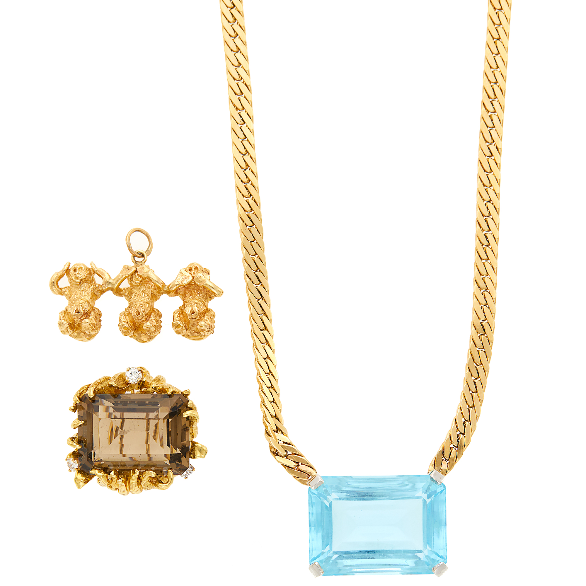 Lot image - Gold and Blue Topaz Pendant-Necklace, Smoky Quartz and Diamond Pendant, and Three Wise Monkeys Pendant