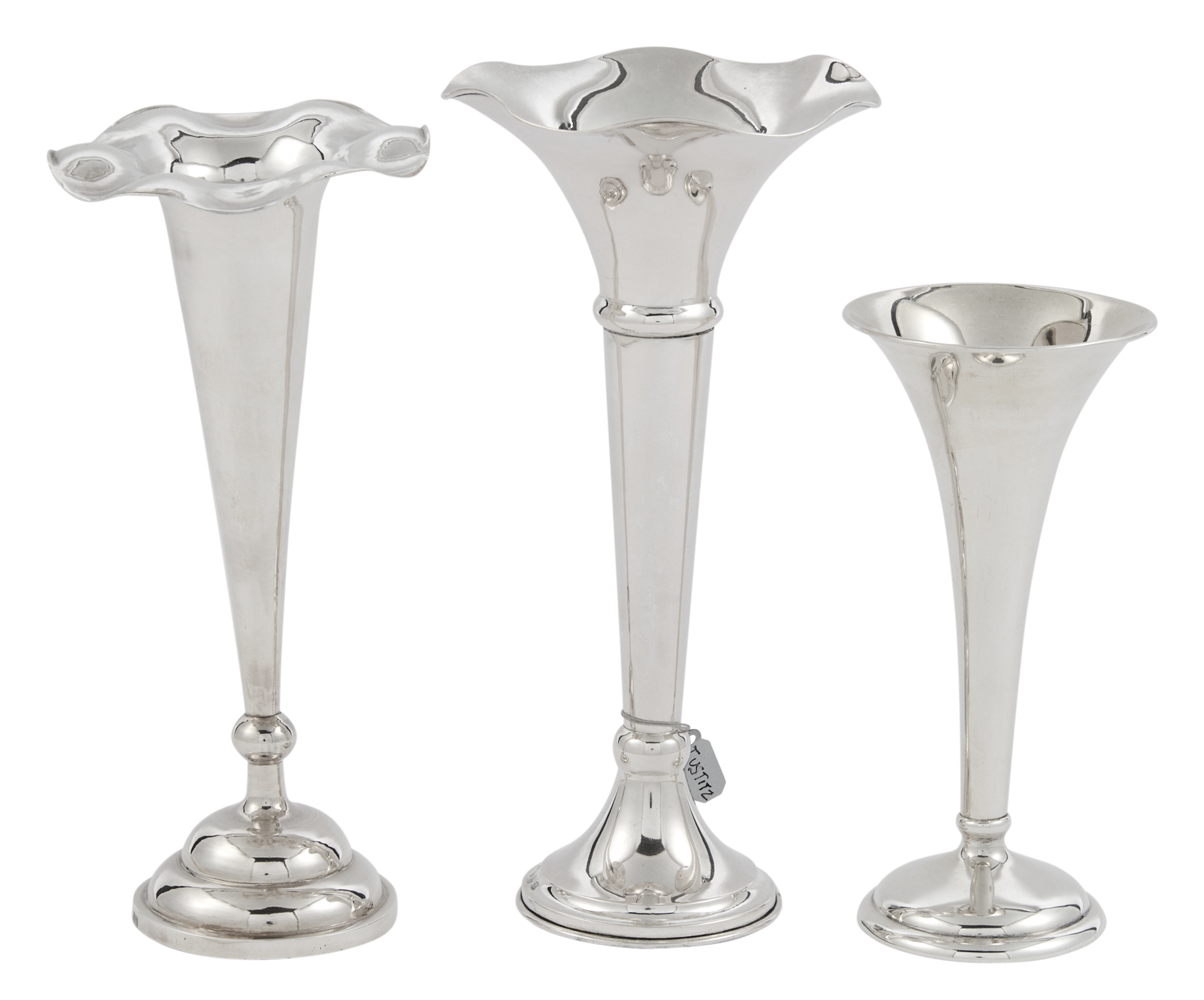 Lot image - Graduated Group of Three Silver Trumpet Vases