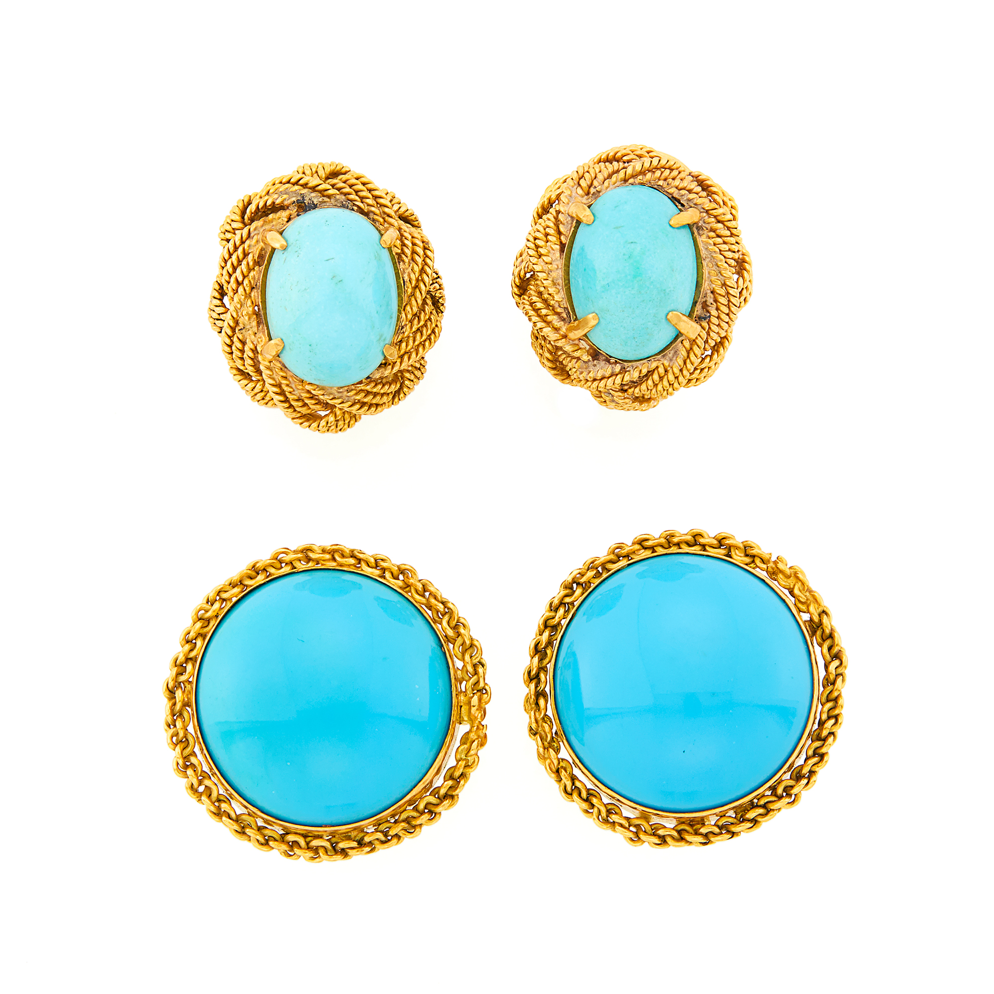 Lot image - Pair of Gold and Turquoise Earrings and Reconstituted Turquoise Earrings