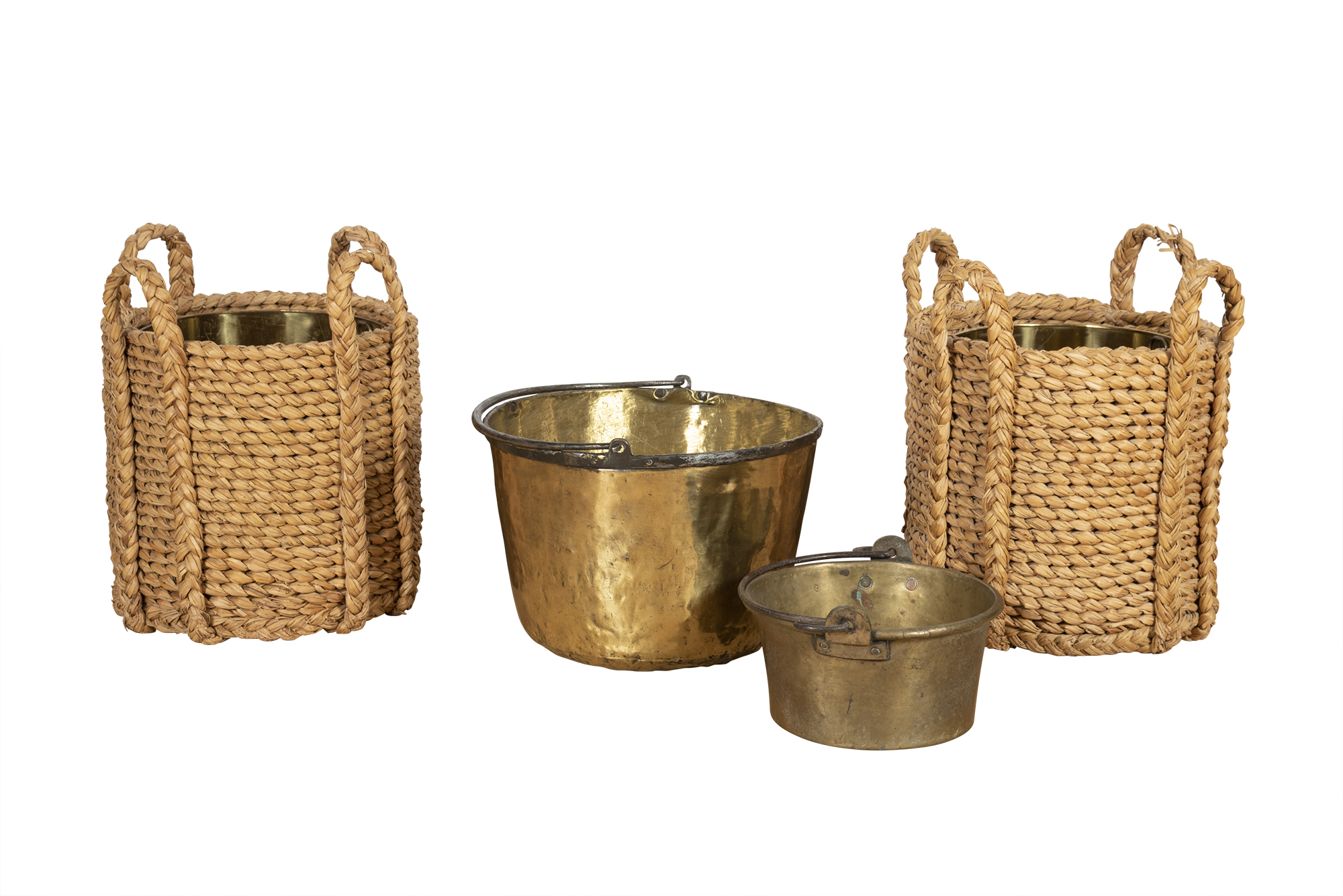 Lot image - Pair of Woven Reed Log Baskets with Brass Inserts