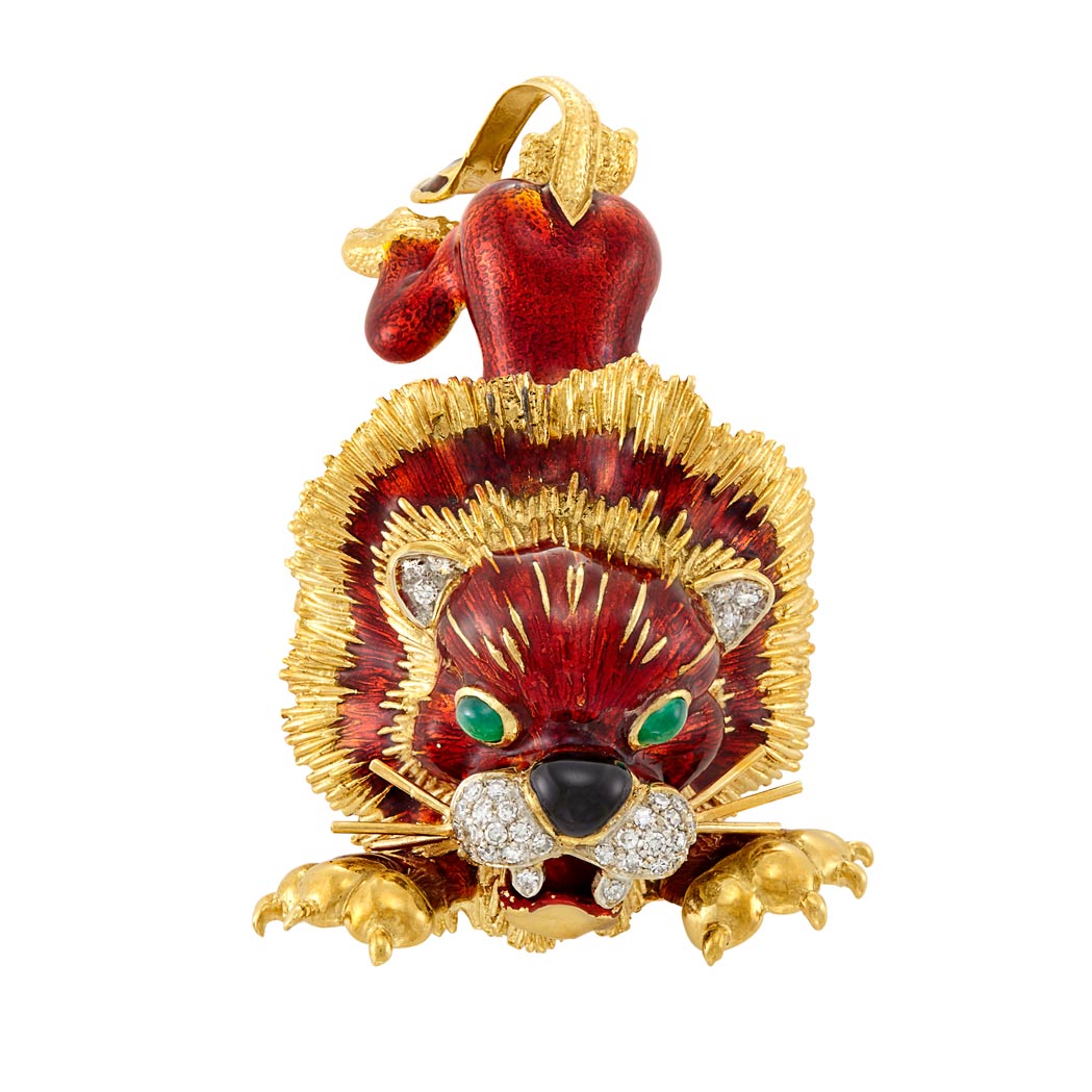 Lot image - Gold, Enamel and Diamond Lion Brooch, Frascarolo