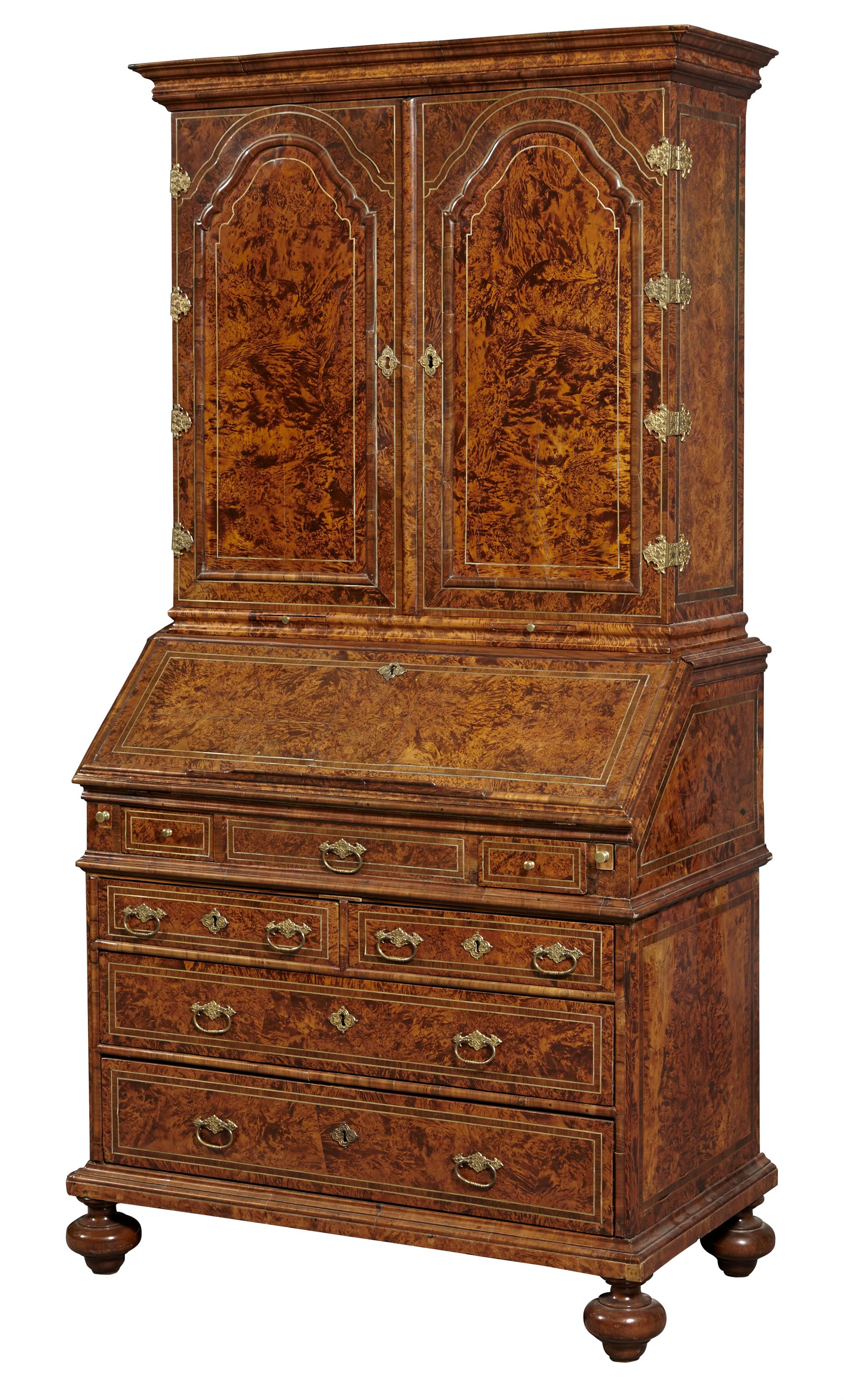 Lot image - Continental Baroque Burr Maple, Walnut, Kingwood, Gilt-Metal-Mounted and Pewter-Inlaid Bureau Bookcase Cabinet