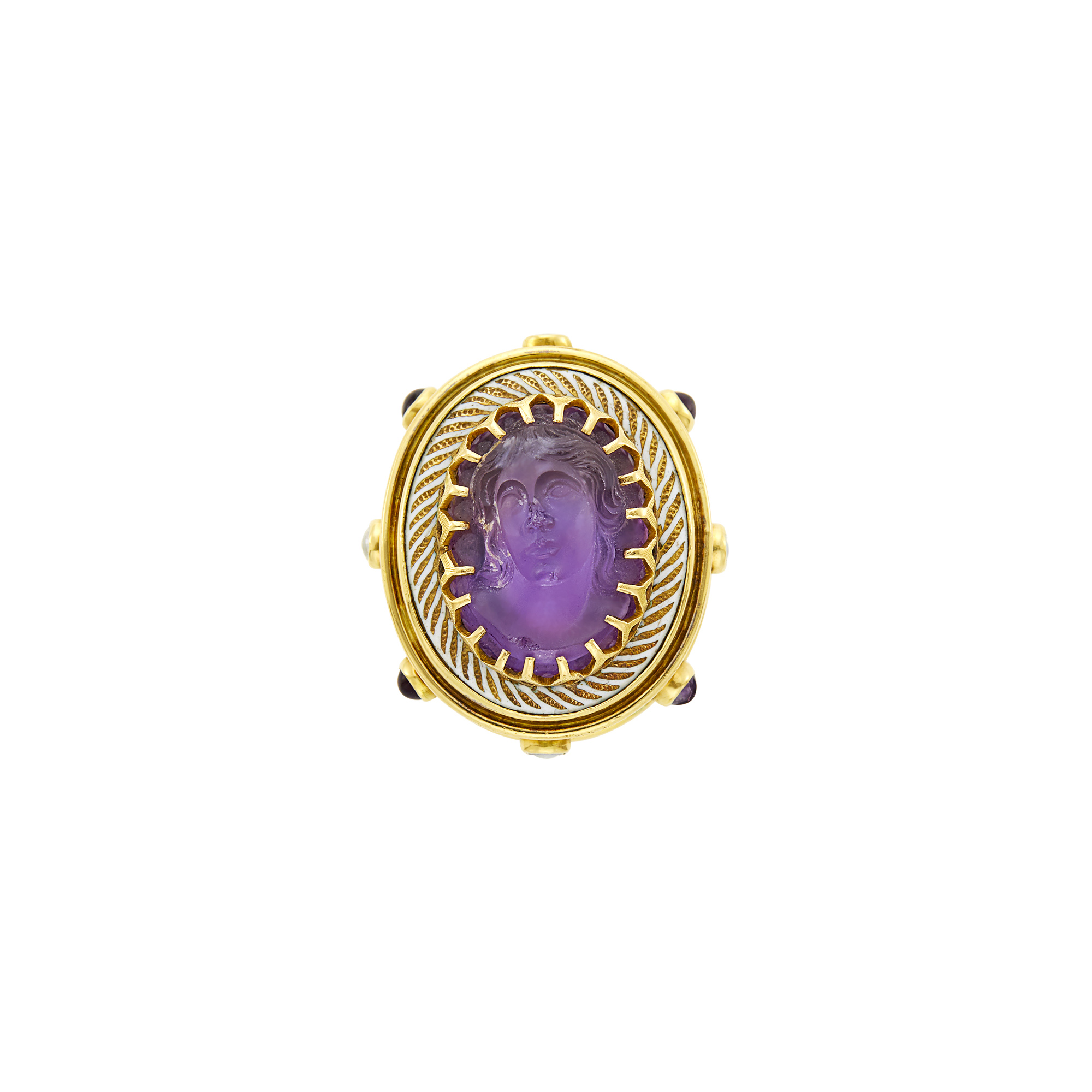 Lot image - Elizabeth Gage Gold, Purple Glass Cameo, Cabochon Amethyst, White Chalcedony and White Enamel Ring