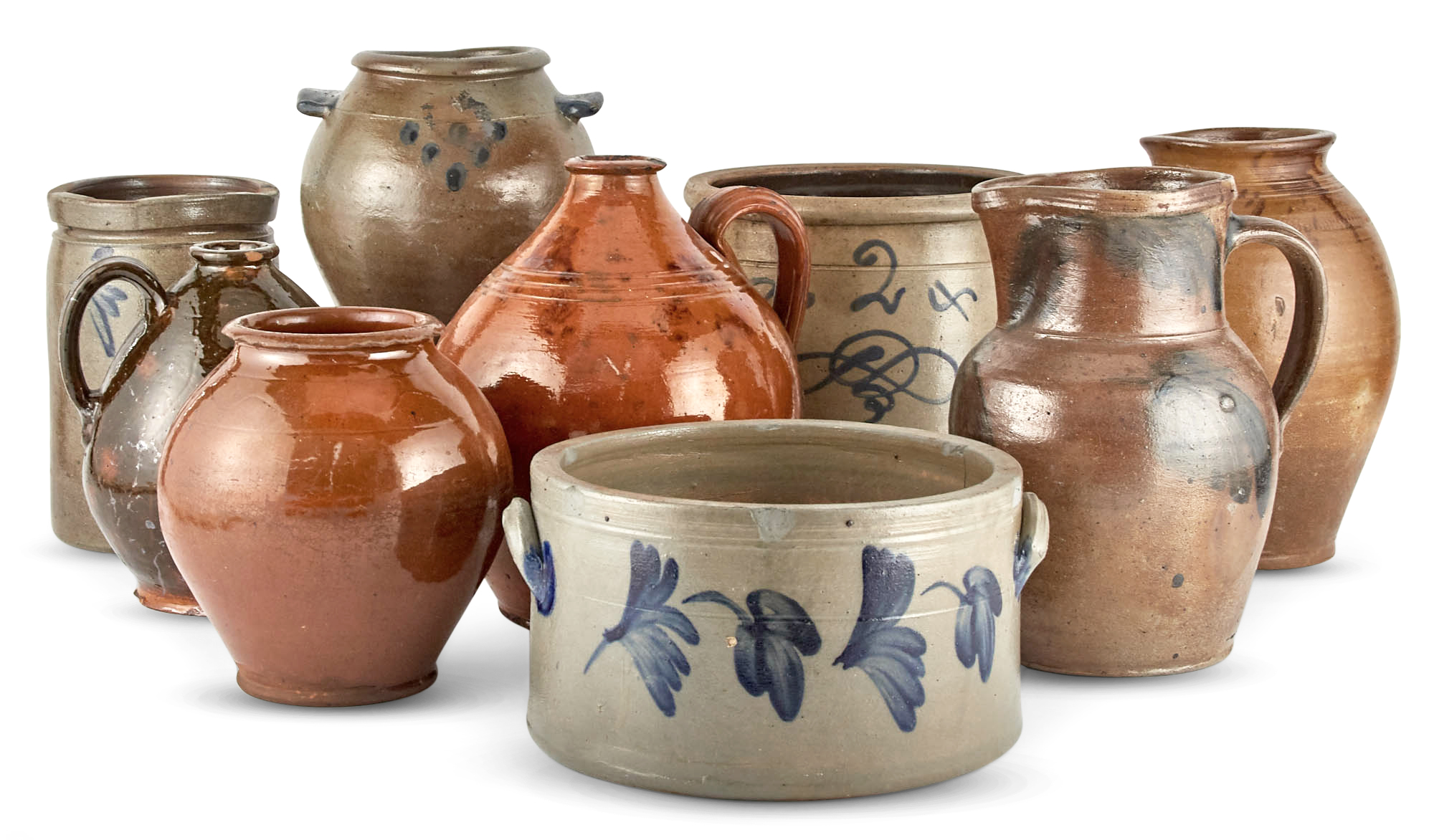 Lot image - Group of Nine Stoneware, Brownware and Salt Glazed Crocks and Jugs