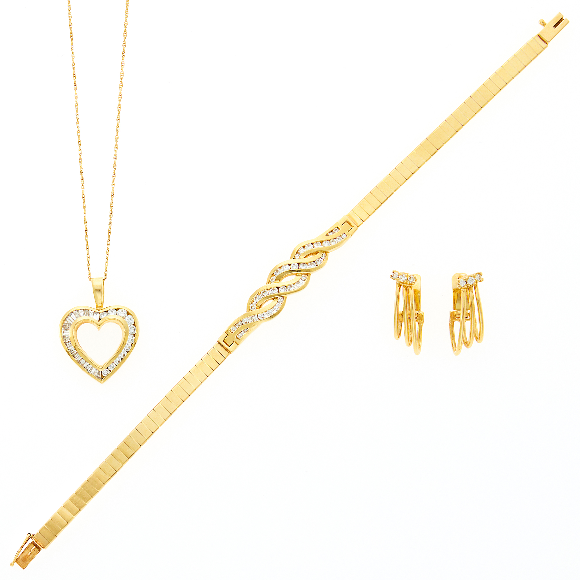 Lot image - Gold and Diamond Heart Pendant with Chain Necklace, Diamond Bracelet and Pair of Earrings