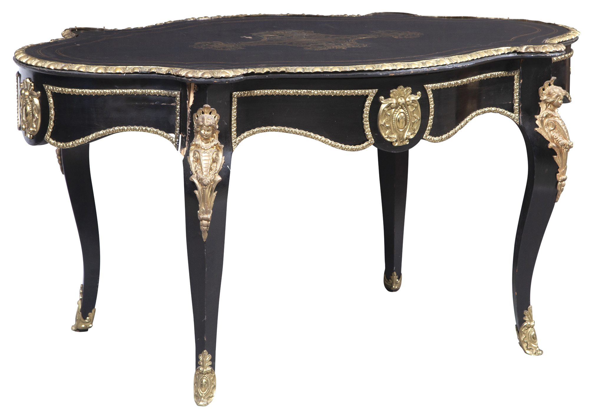 Lot image - Louis XIV Style Gilt-Metal Mounted Brass Inlaid Ebonized Center Table