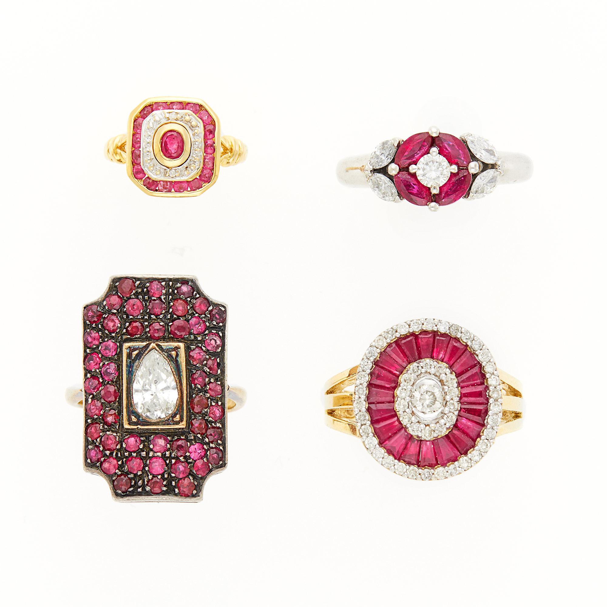 Lot image - Four Two-Color Gold, Silver, Ruby and Diamond Rings