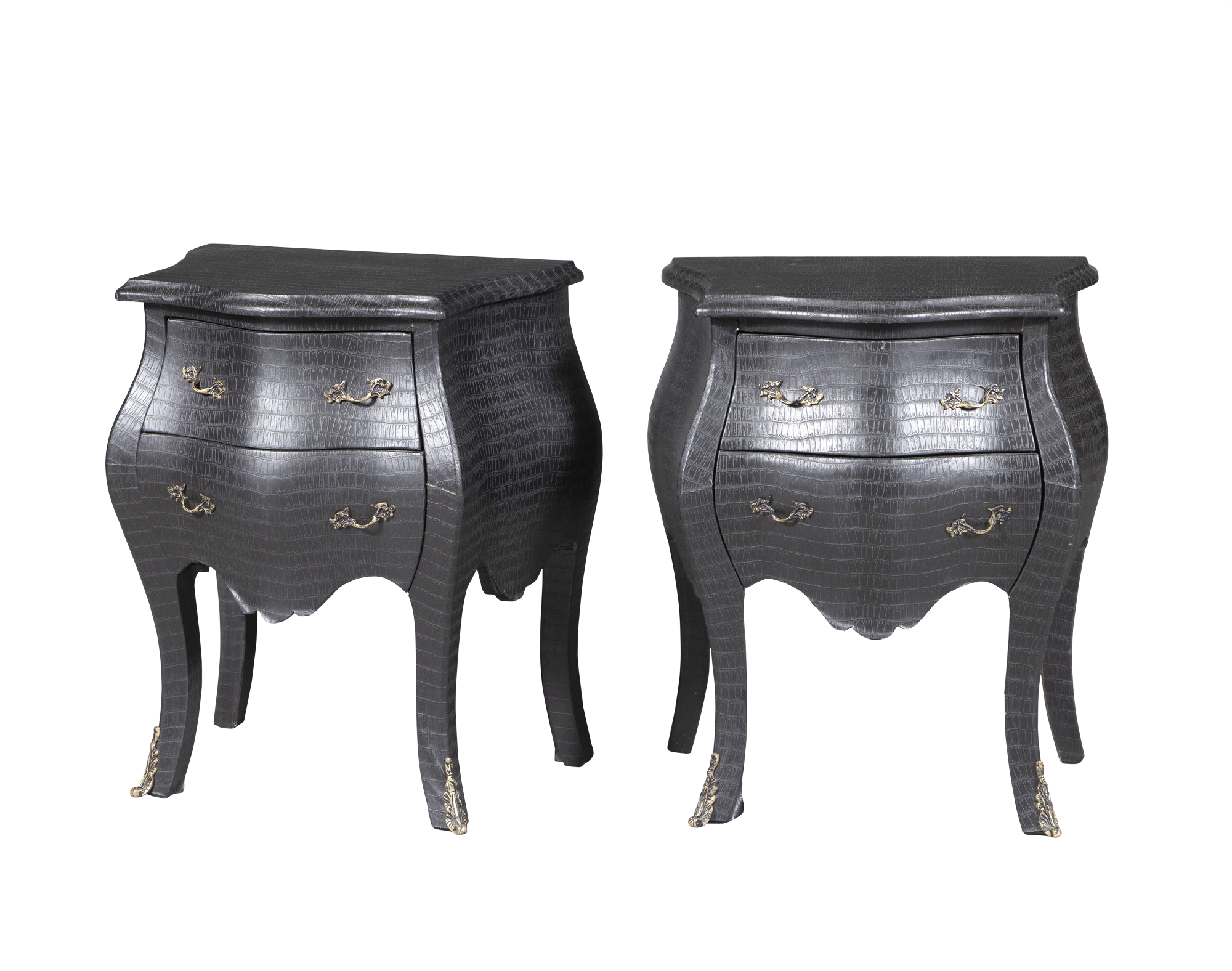 Lot image - Pair of Louis XV Style Gilt-Metal Mounted Faux Crocodile Covered Diminutive Commodes