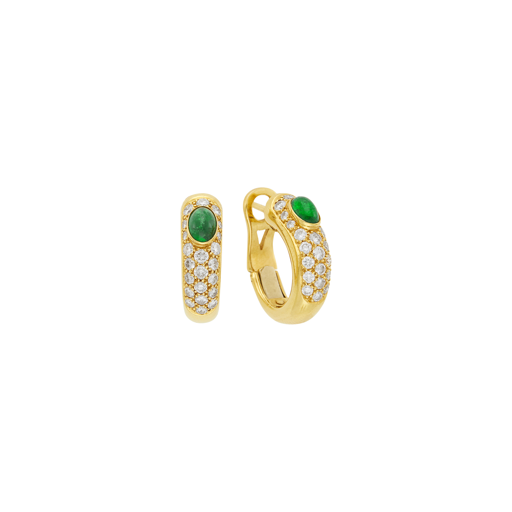 Lot image - Cartier Pair of Gold, Cabochon Emerald and Diamond Earrings, France