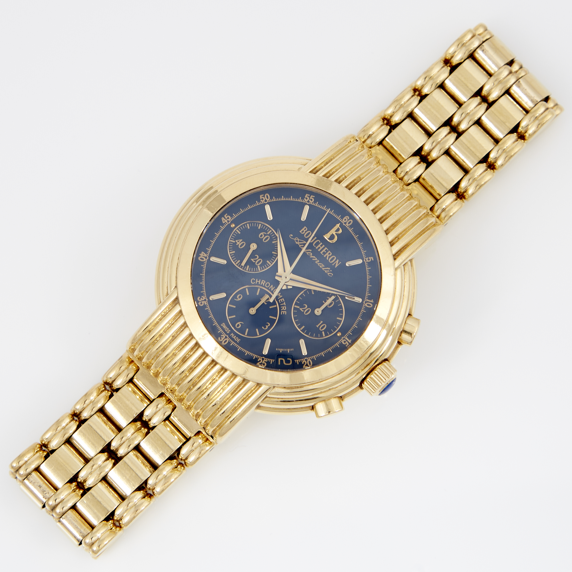 Lot image - Mans Gold and Stone Bracelet Watch, 31 Jewels, Boucheron, 18K 123 dwt. all with box, papers and     extra leather band