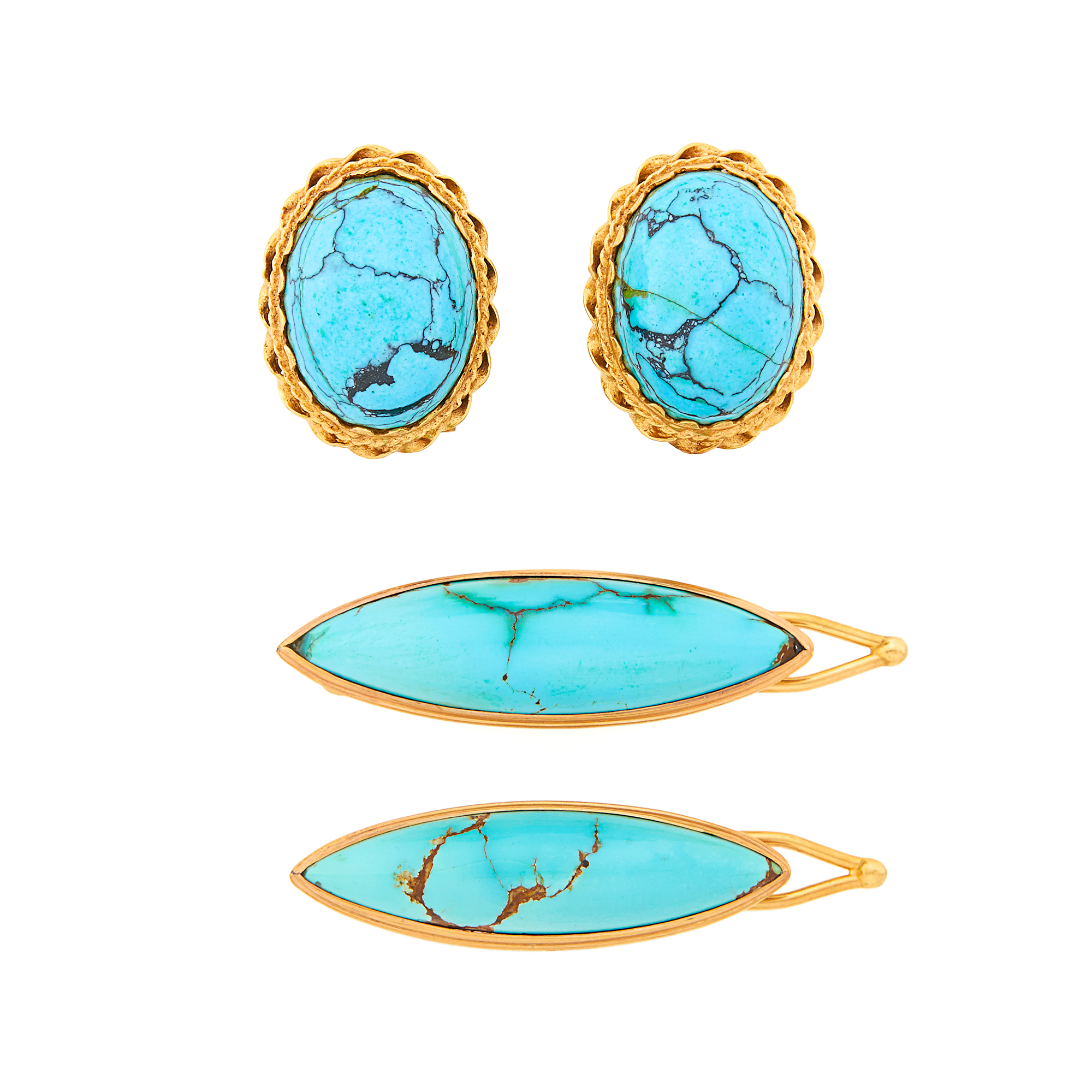Lot image - Pair of Low Karat Gold and Matrix Turquoise Barrettes and Pair of Gold and Matrix Turquoise Earrings
