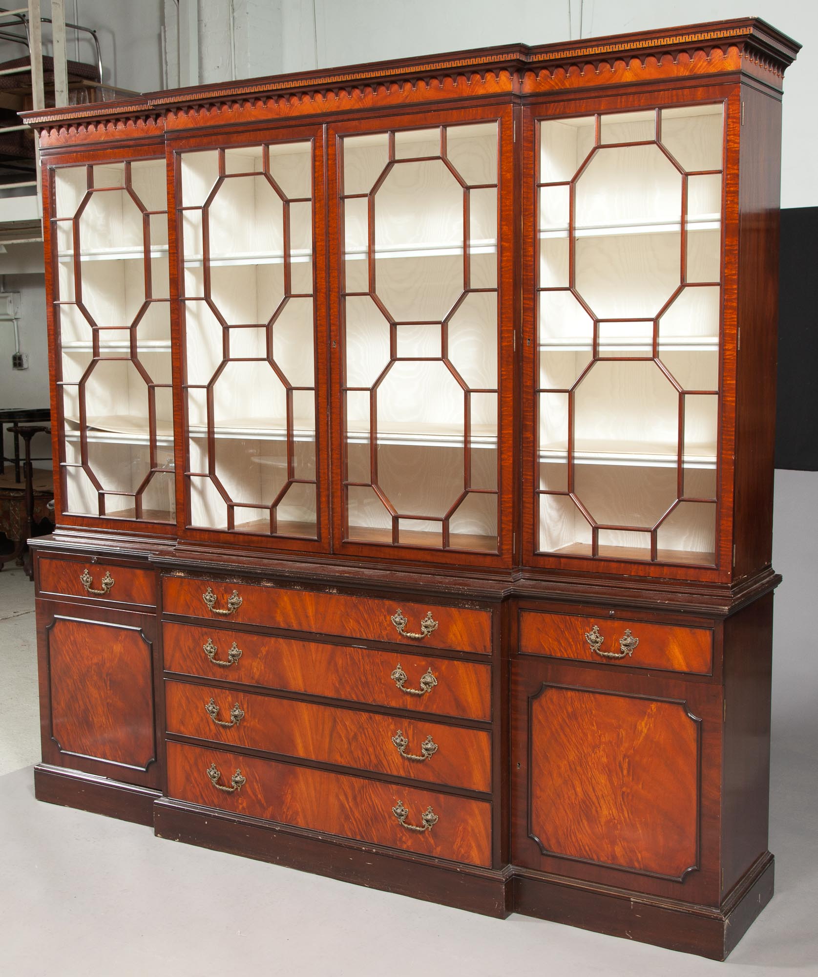 Lot image - George III Style Mahogany Breakfront Bookcase Cabinet