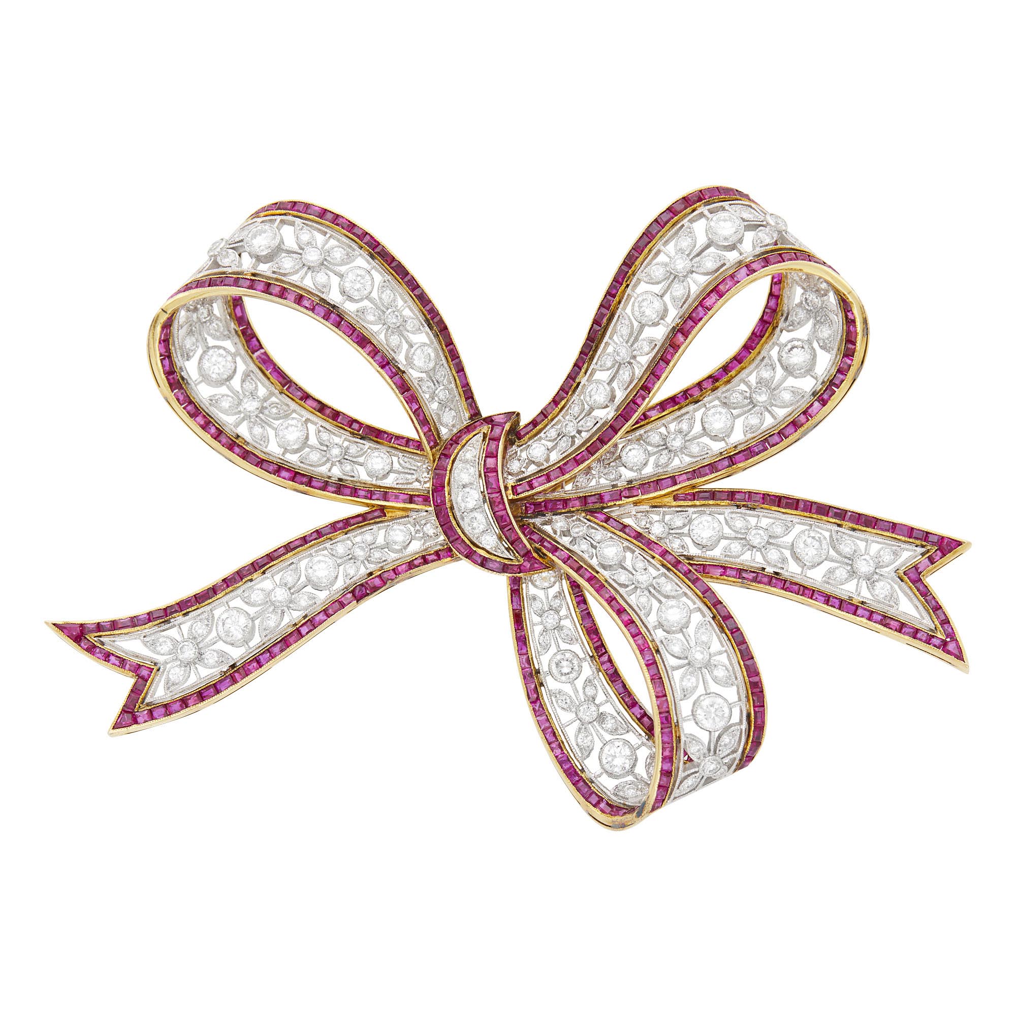 Lot image - Gold, Platinum, Diamond and Ruby Bow Pendant-Brooch