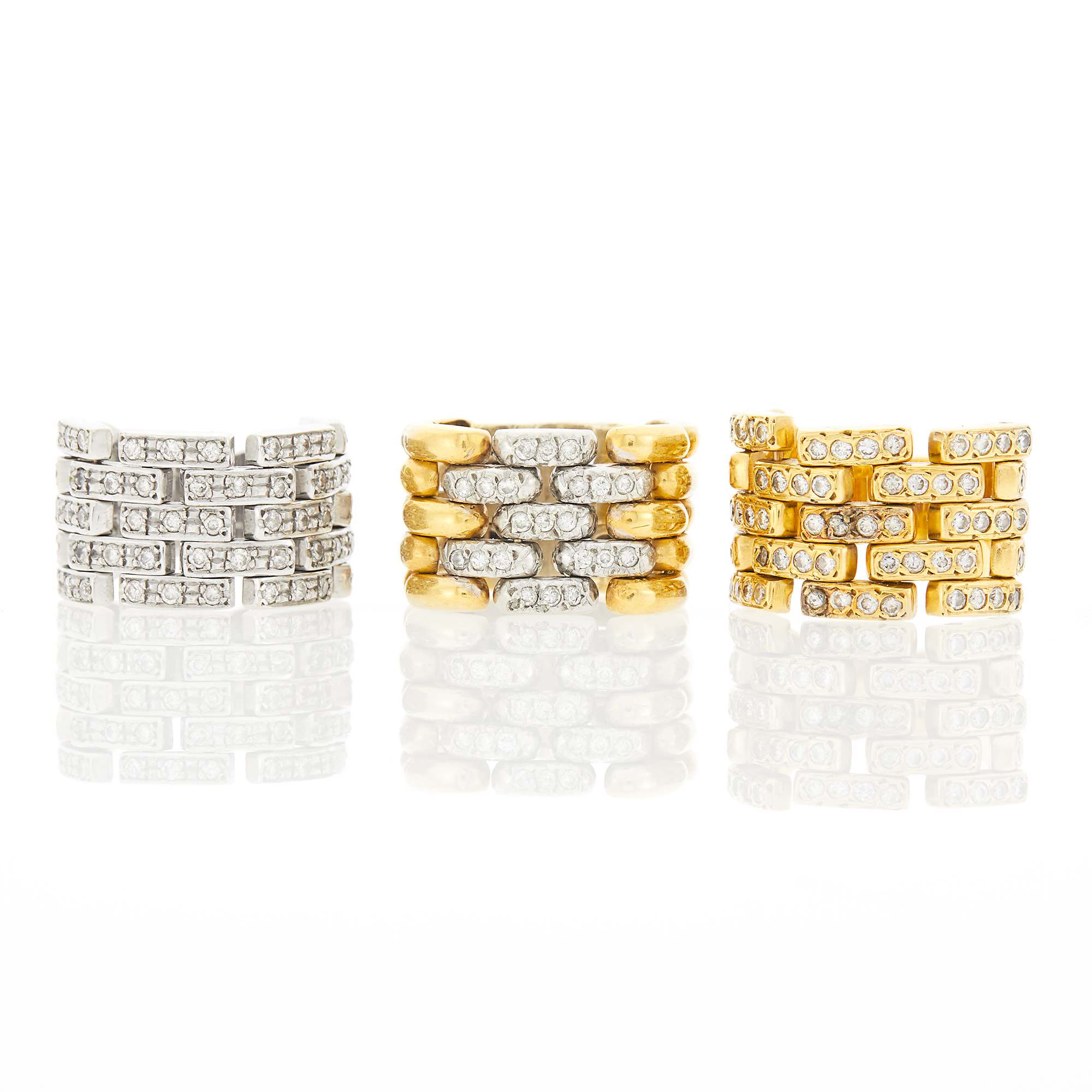 Lot image - Three Two-Color Gold and Diamond Flexible Link Rings