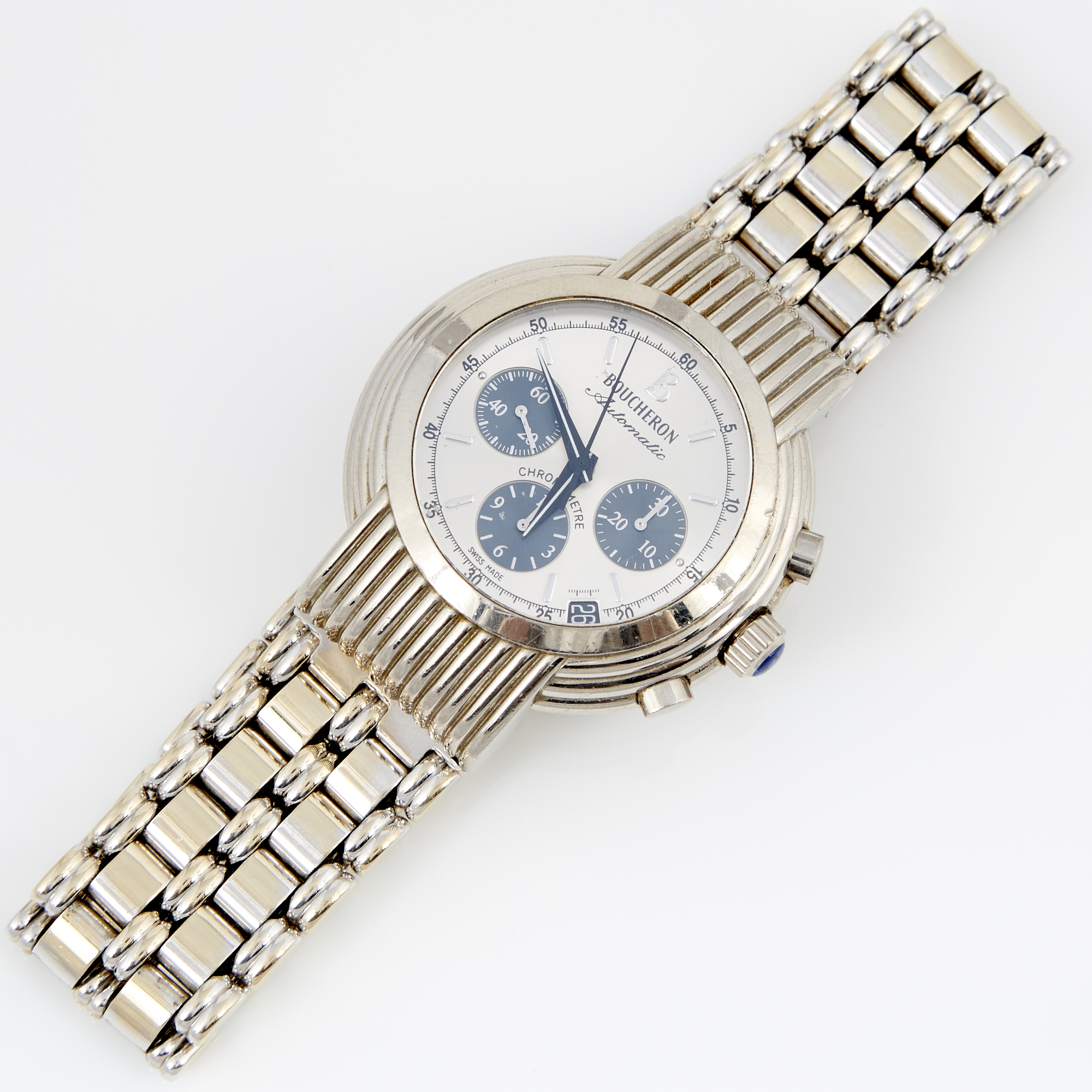 Lot image - Mans Gold and Stone Bracelet Watch, 31 Jewels, Boucheron, 18K 130 dwt. all with box