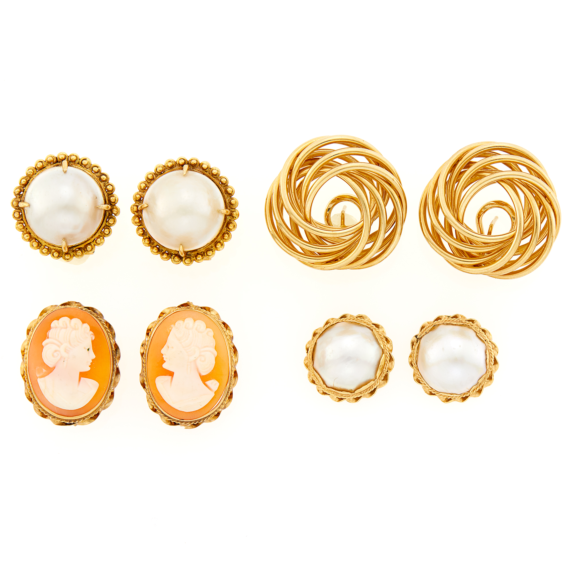Lot image - Pair of Gold Earrings, Two Pairs of Mabé Pearl Earrings and Cameo Earrings