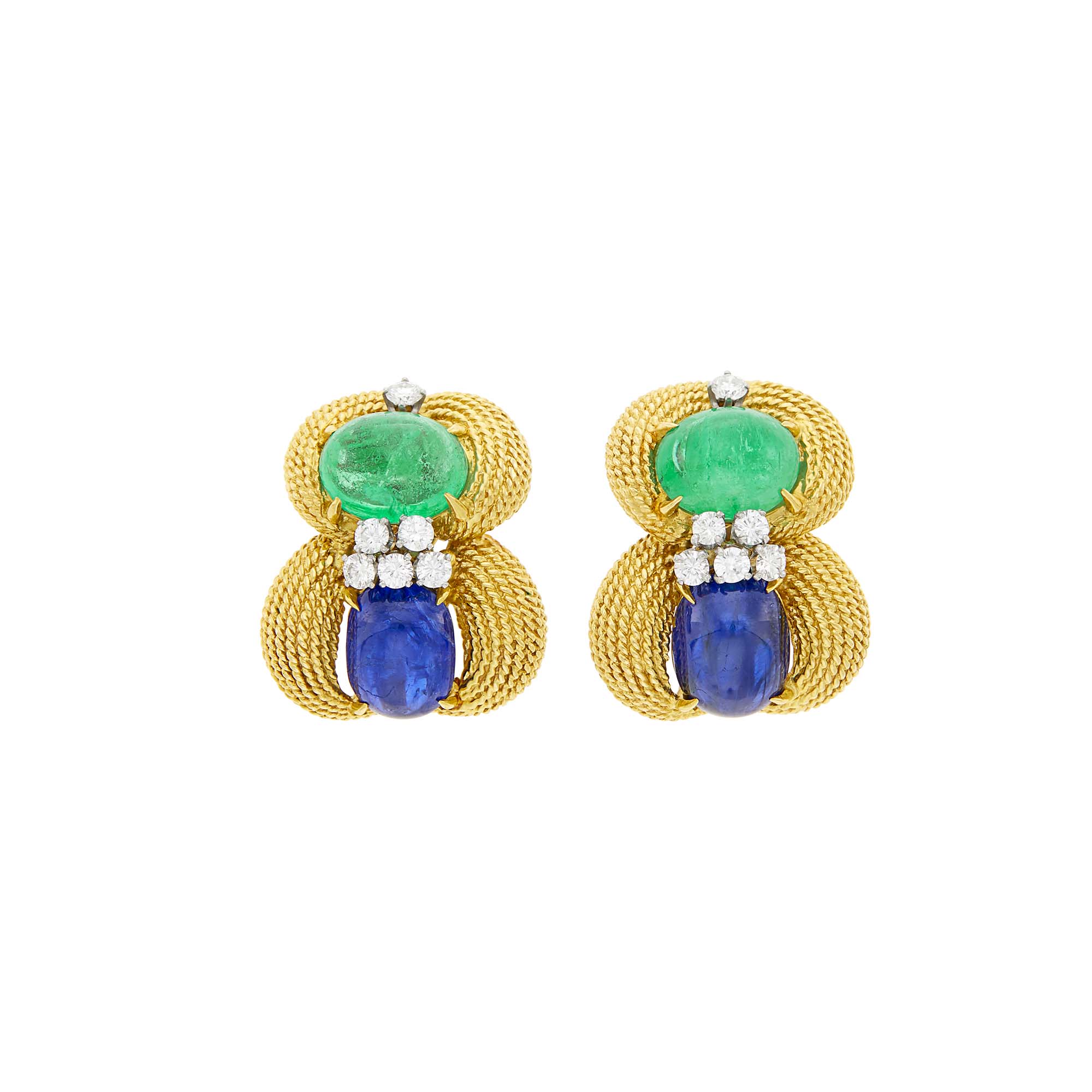 Lot image - David Webb Pair of Gold, Platinum, Cabochon Emerald, Sapphire and Diamond Earclips
