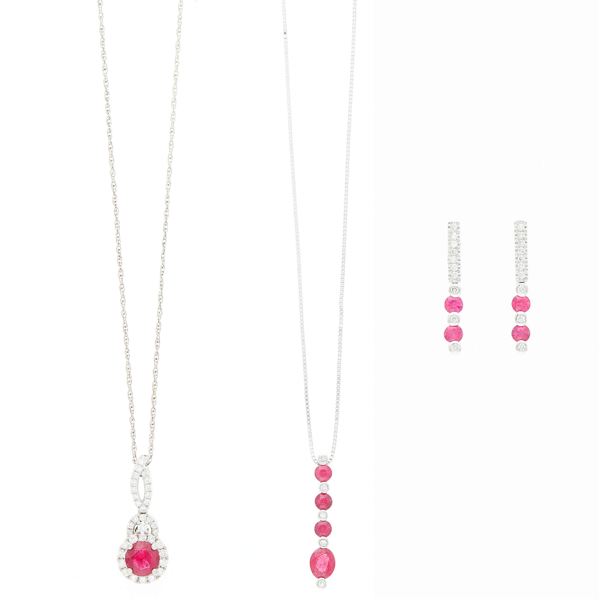 Lot image - Two White Gold, Ruby and Diamond Pendants with Chain Necklaces and Pair of Pendant-Earrings