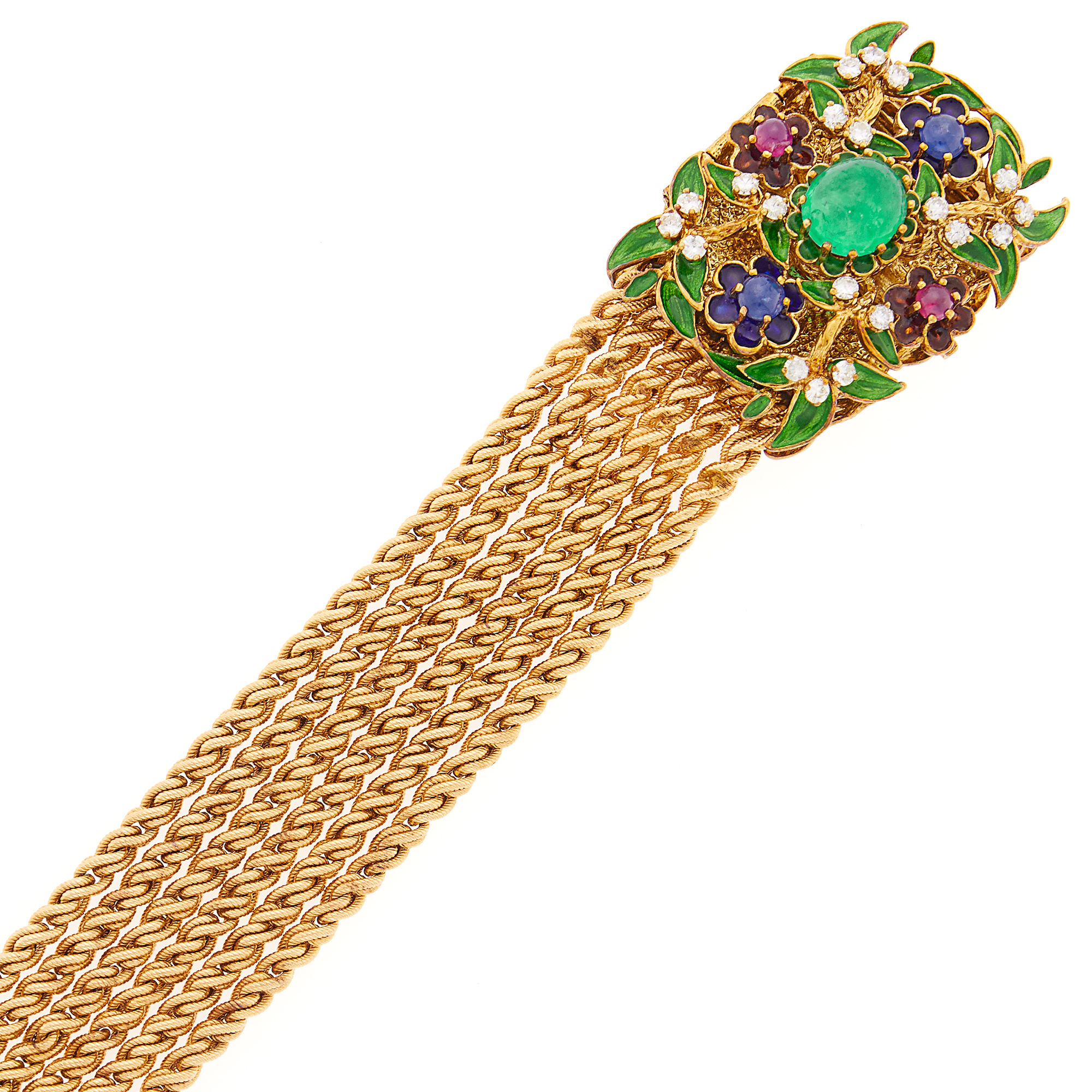 Lot image - Six Strand Gold, Enamel, Cabochon Colored Stone and Diamond Flower Bracelet