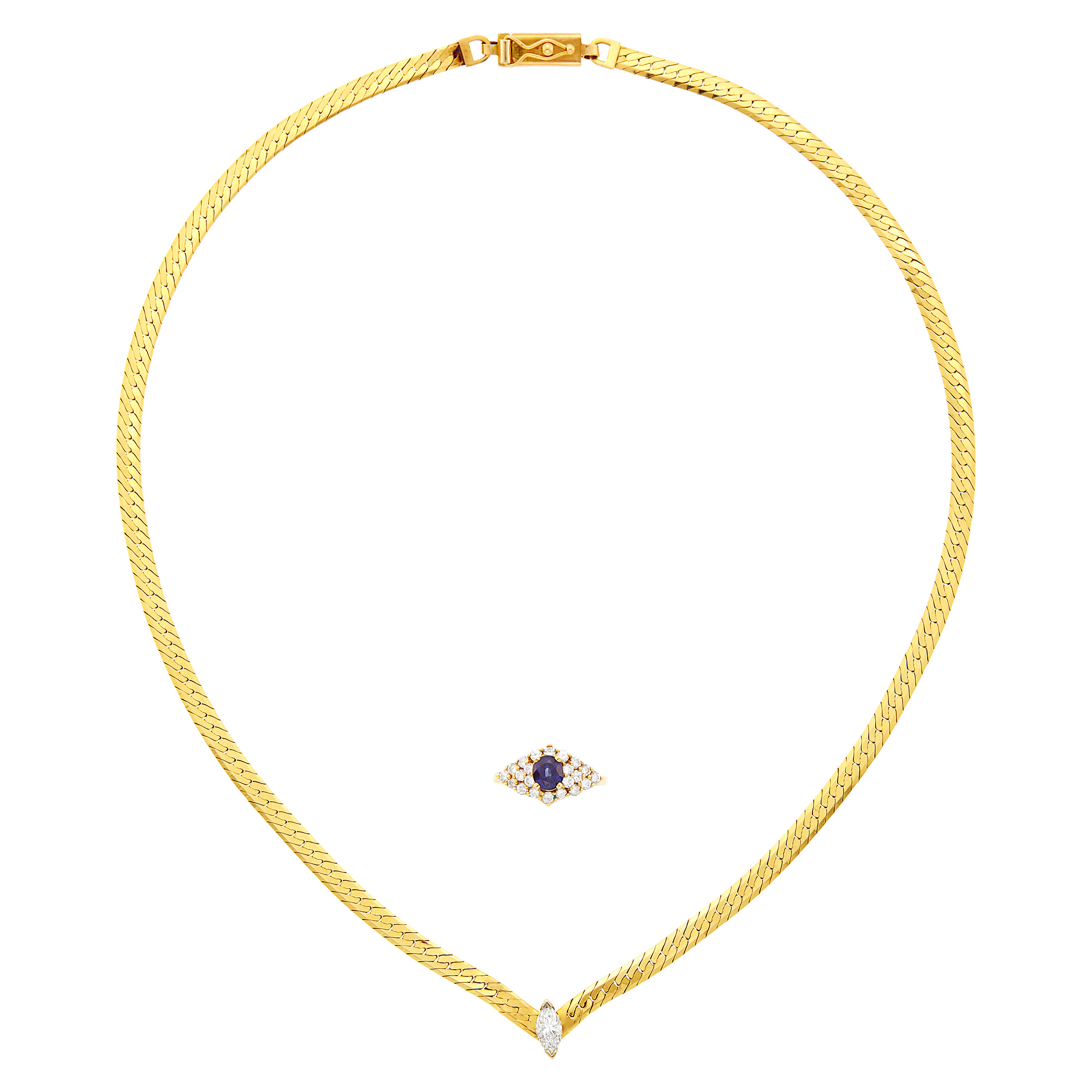 Lot image - Gold and Diamond Necklace and Gold, Sapphire and Diamond Ring