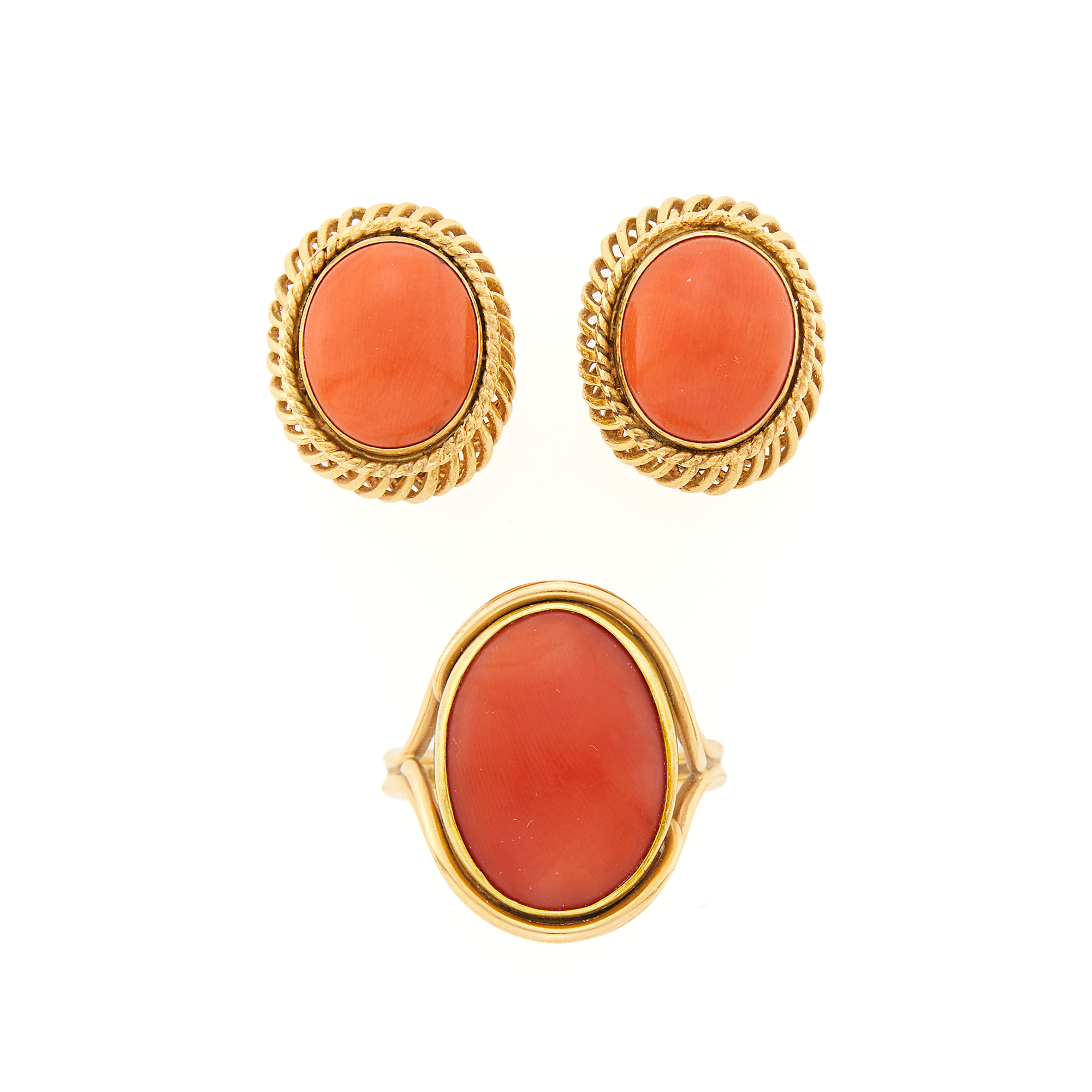 Lot image - Pair of Gold and Coral Earrings and Ring