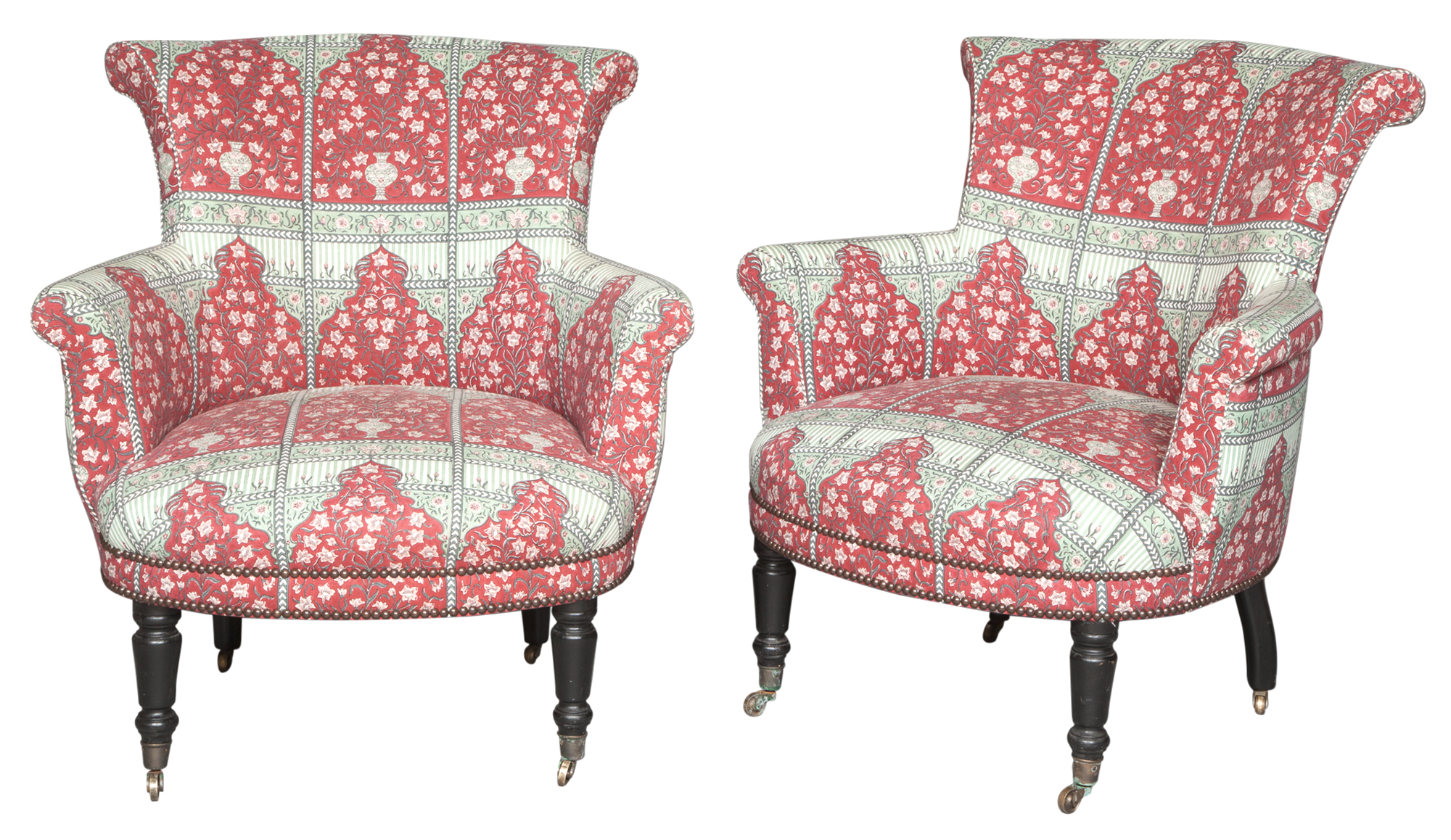 Lot image - Pair of Chintz-Upholstered Ebonized Wood Armchairs
