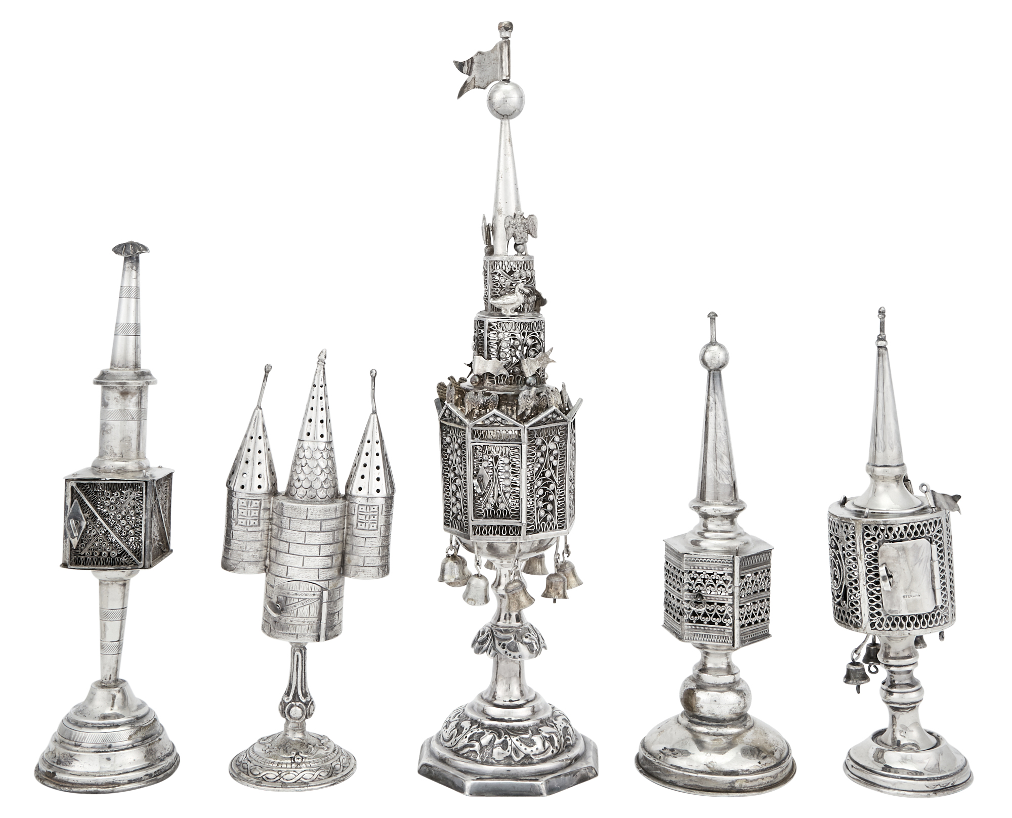 Lot image - Five Continental Silver and Silver Plated Spice Towers
