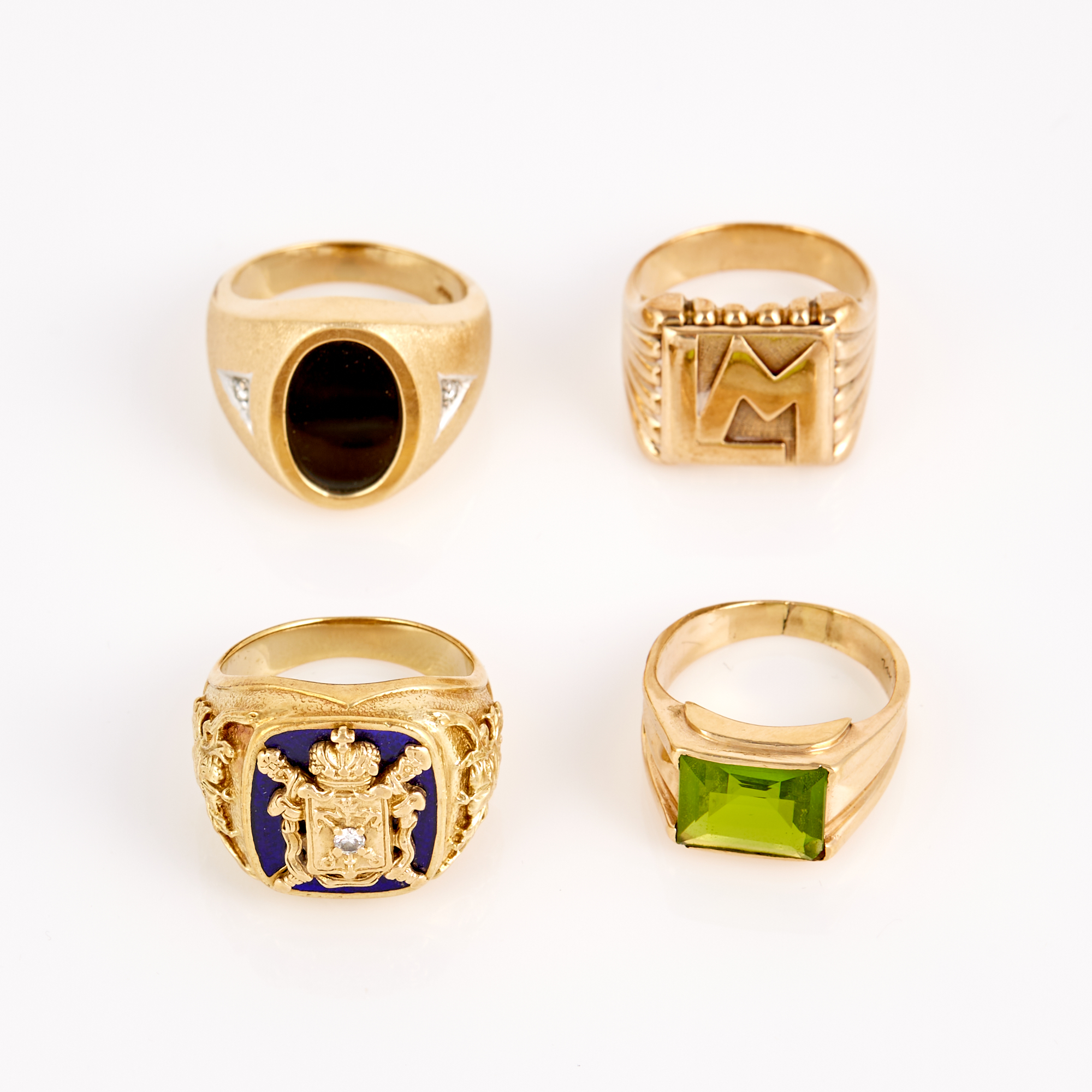 Lot image - Two Diamond, Enamel and Stone Rings and Two Gold and Stone Rings, 14K 35 dwt. all