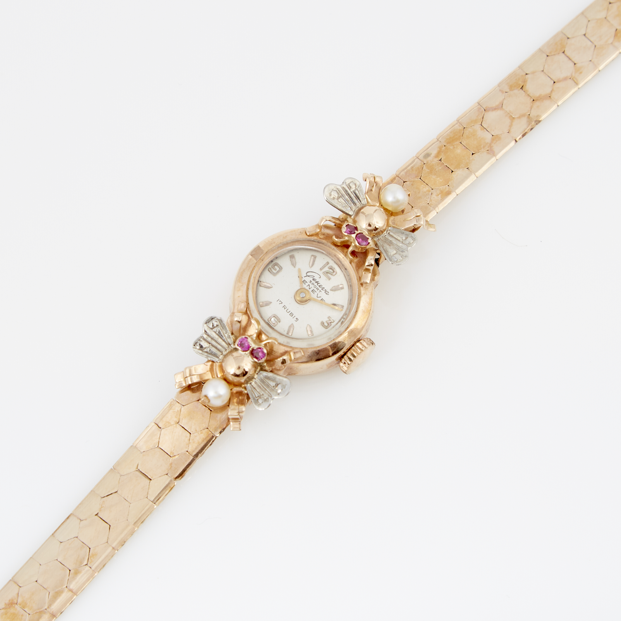 Lot image - Ladys Gold, Stone and Bead Bracelet Watch, 17 Jewels, Geneve, 14K 9 dwt. all