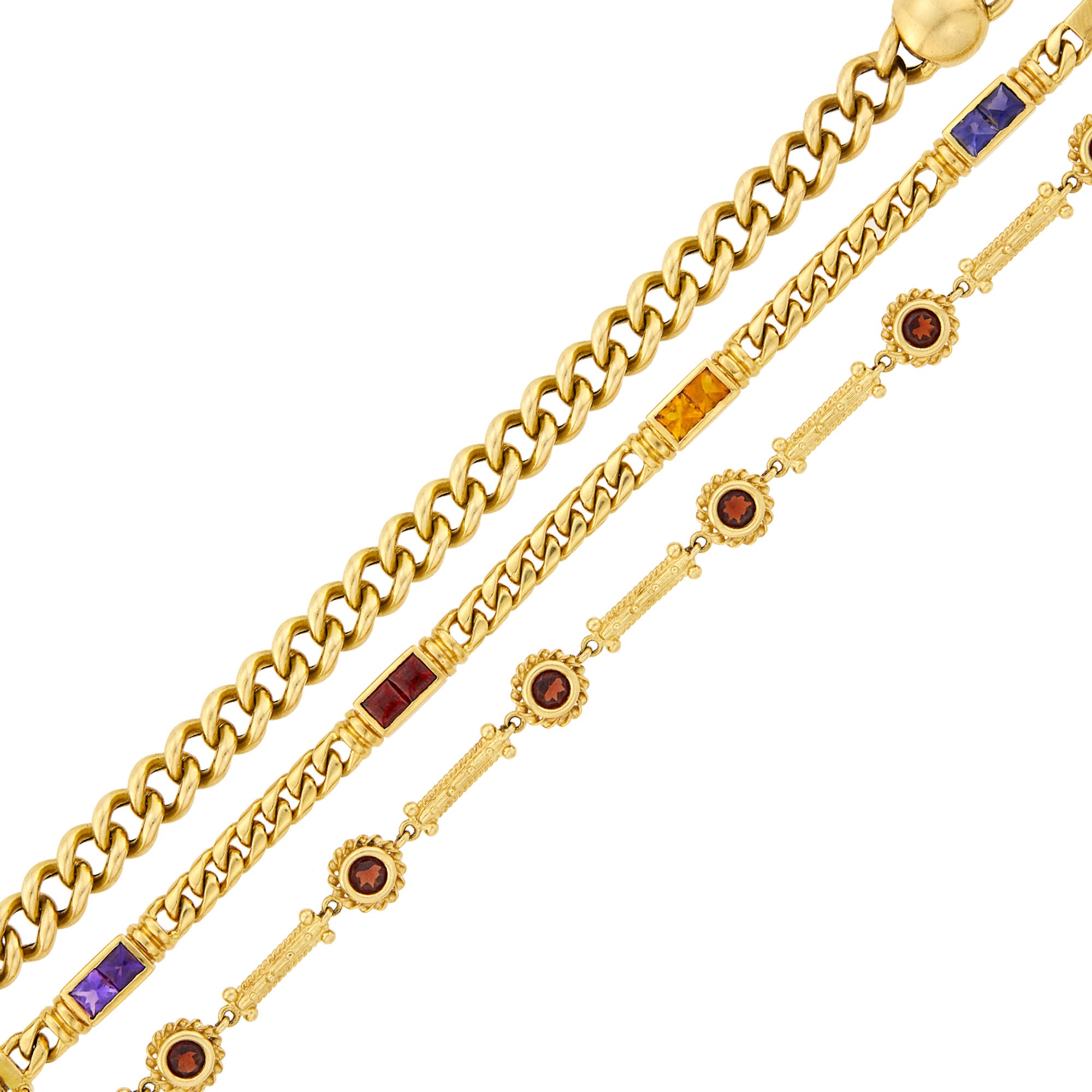 Lot image - Three Gold, Gem-Set and Diamond Bracelets