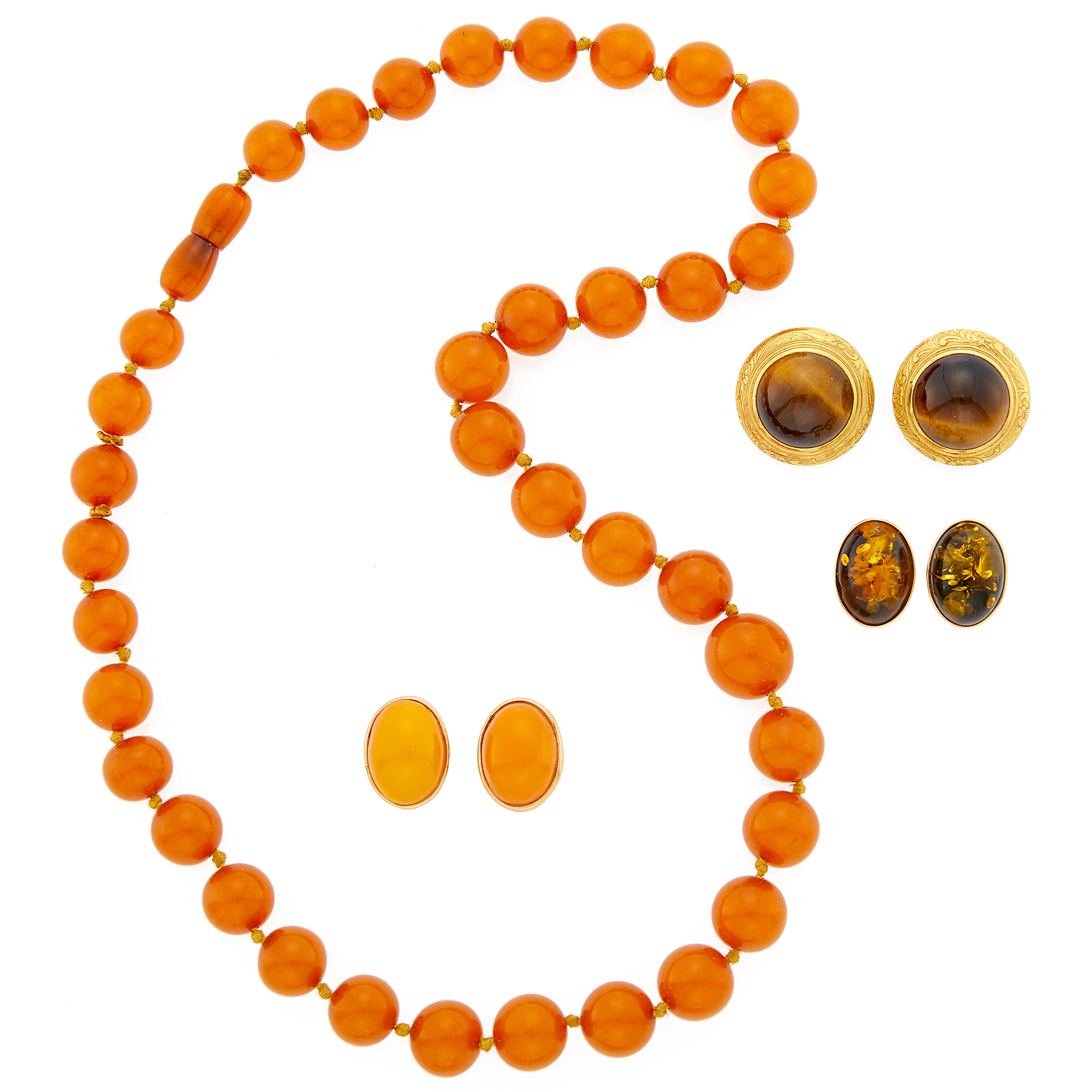 Lot image - Amber Bead Necklace and Two Pairs of Earrings and Pair of Tigers Eye Earrings
