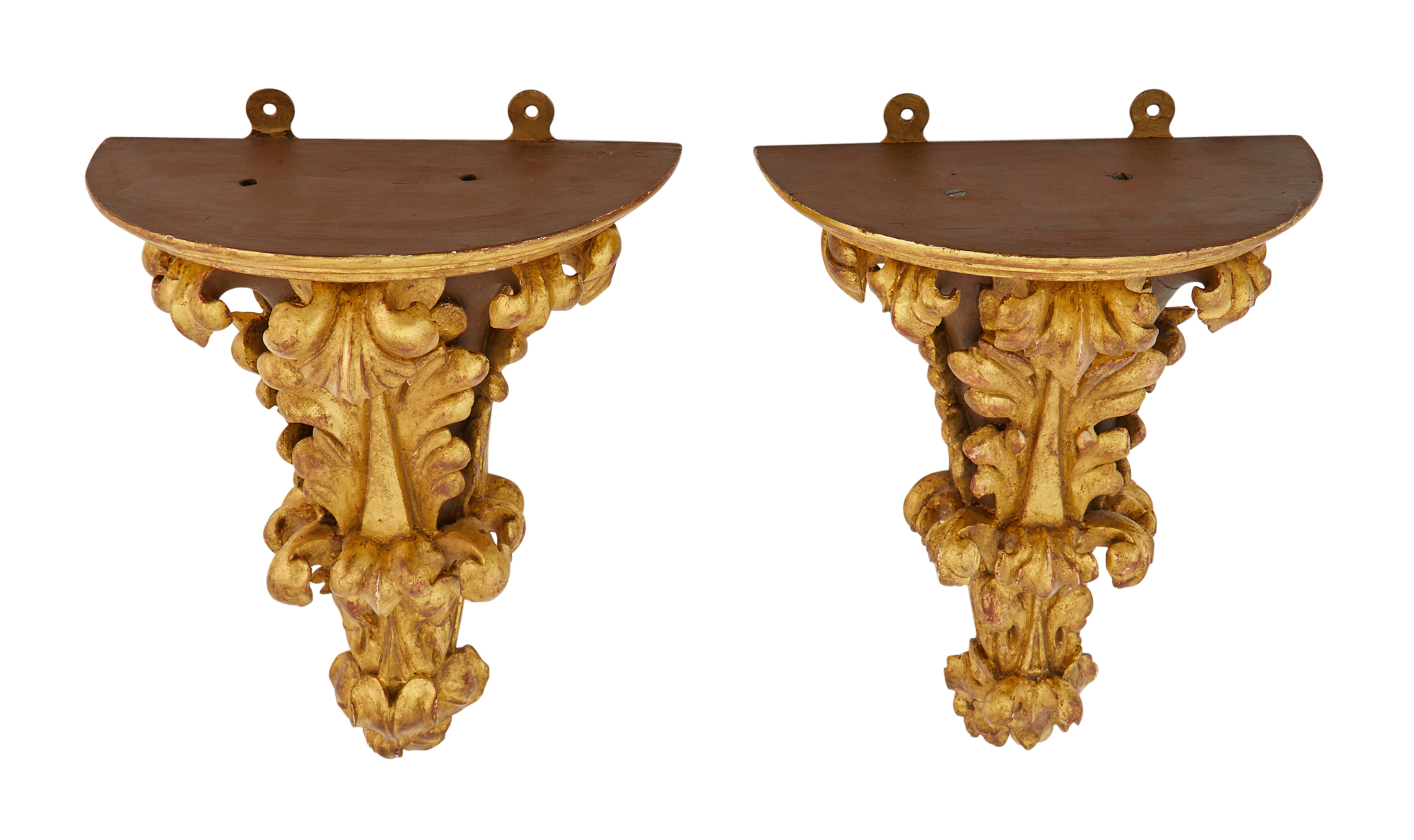 Lot image - Pair of  Baroque Style Painted and Giltwood Foliate Wall Brackets