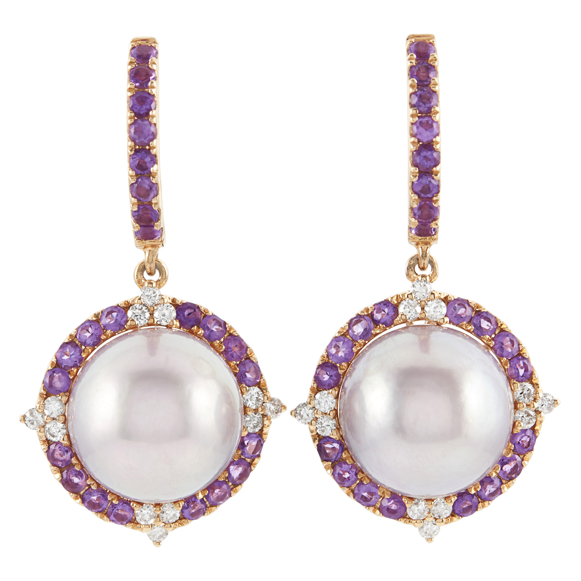 Lot image - Pair of Rose Gold, Freshwater Pearl, Amethyst and Diamond Earrings