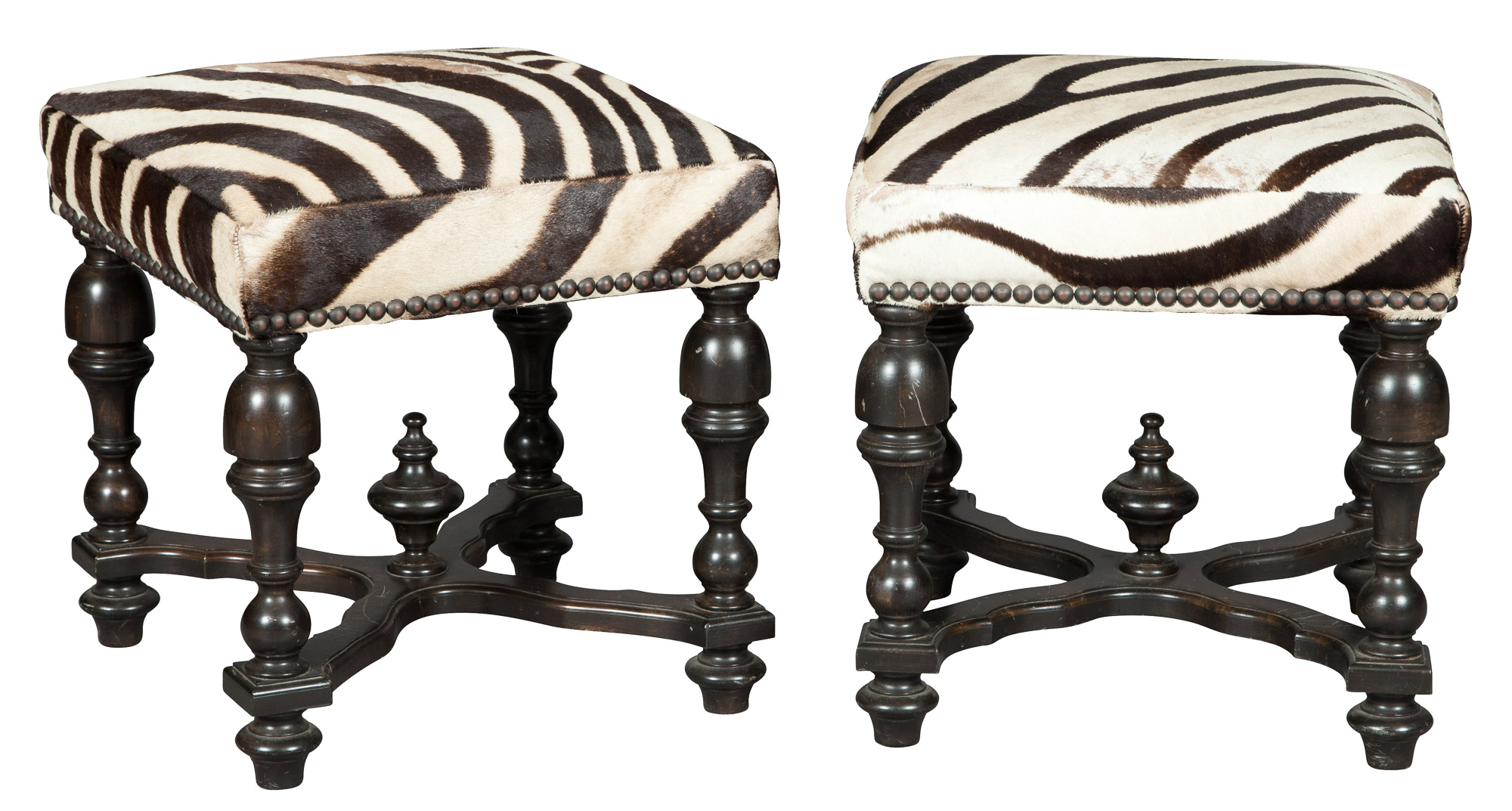 Lot image - Pair of Zebra Skin Covered Ebonized Stools