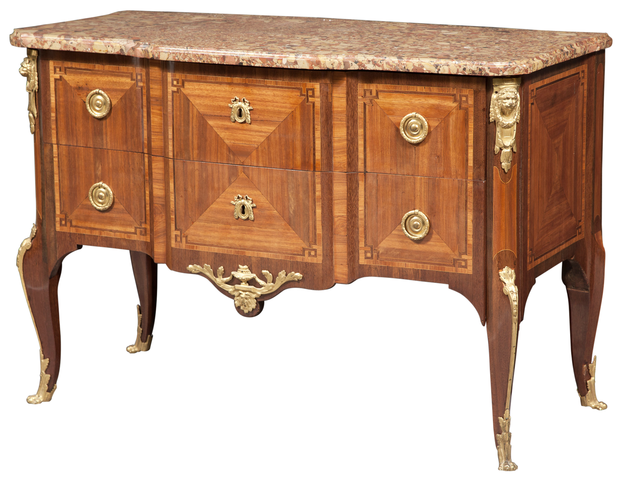 Lot image - Louis XV/XVI Ormolu-Mounted Tulipwood Parquetry Commode