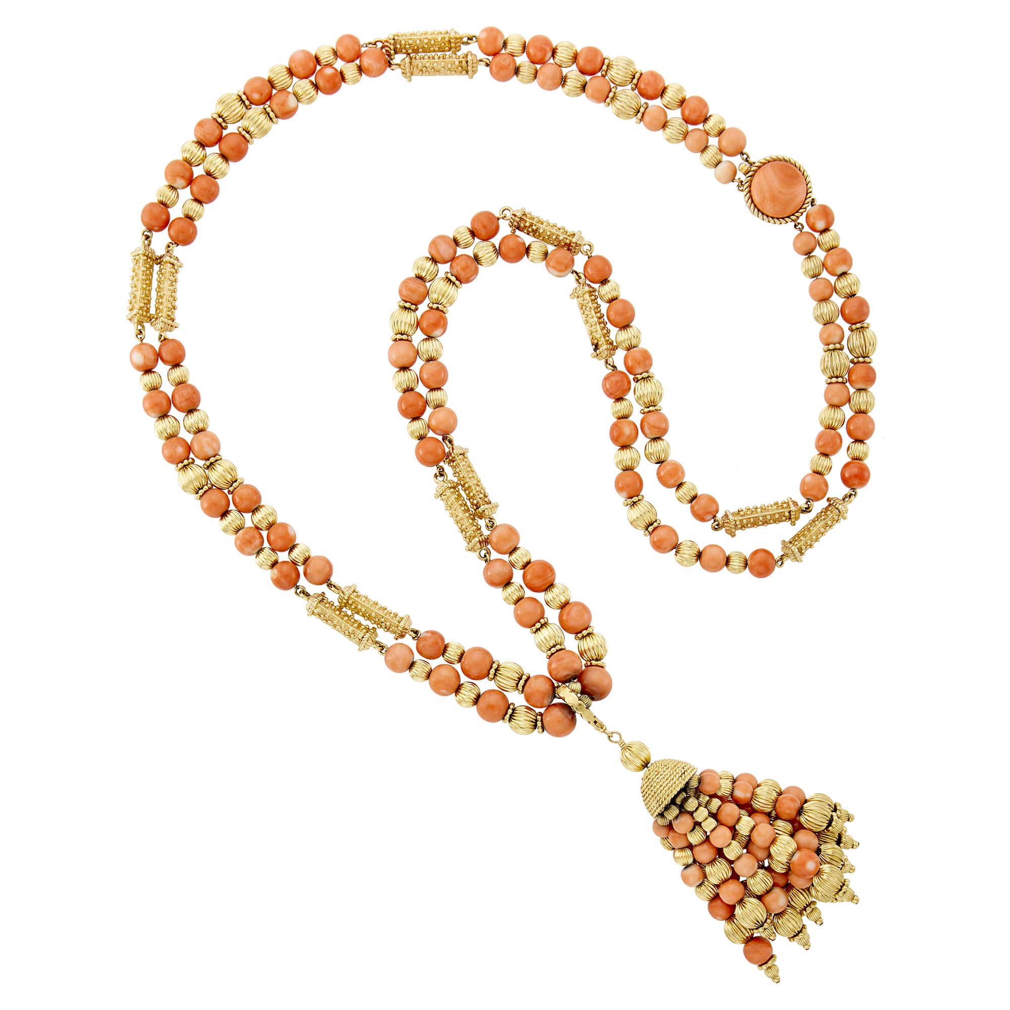 Lot image - Long Double Strand Gold and Angel Skin Coral Bead Sautoir