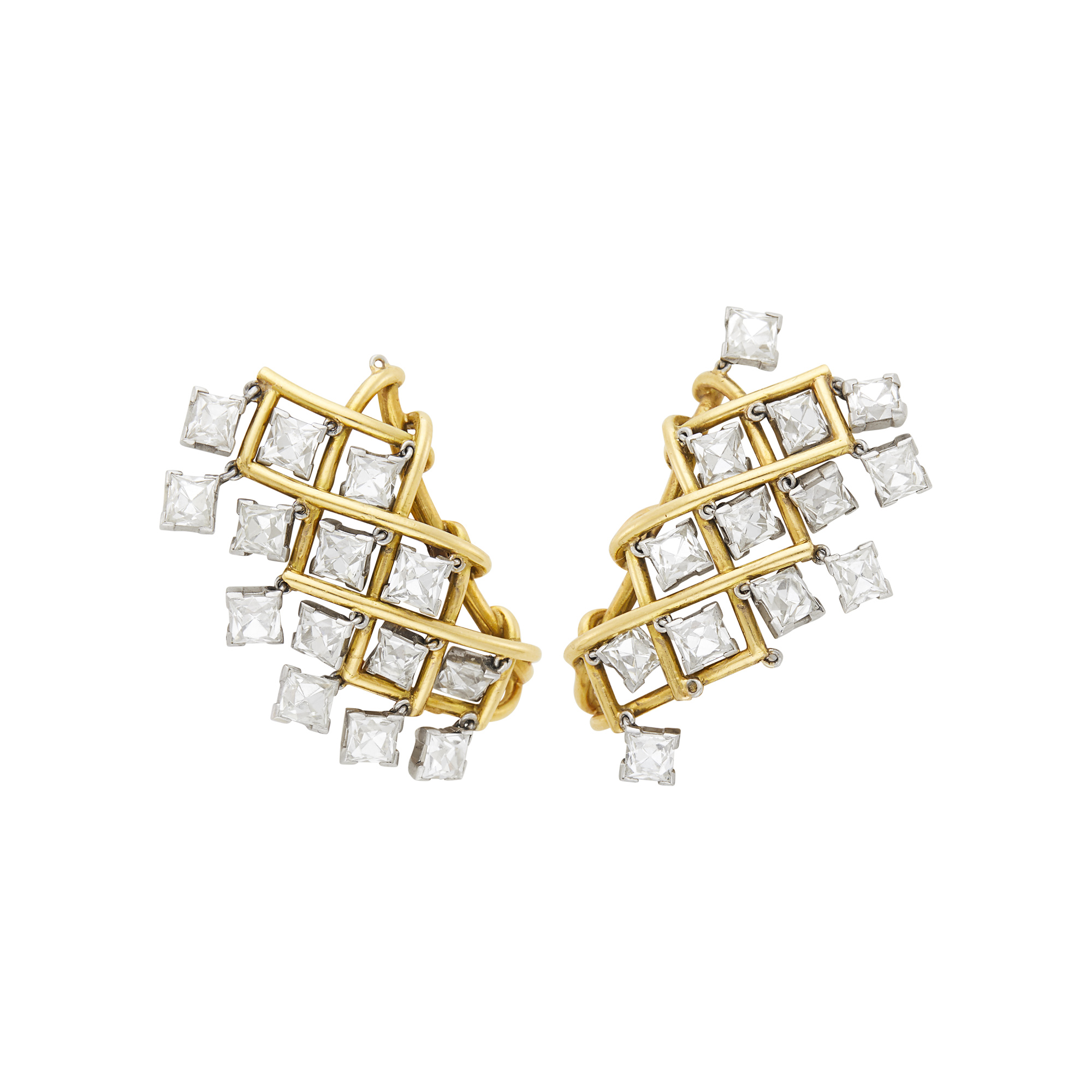 Lot image - Pair of Gold, Platinum and Diamond Fringe Earclips