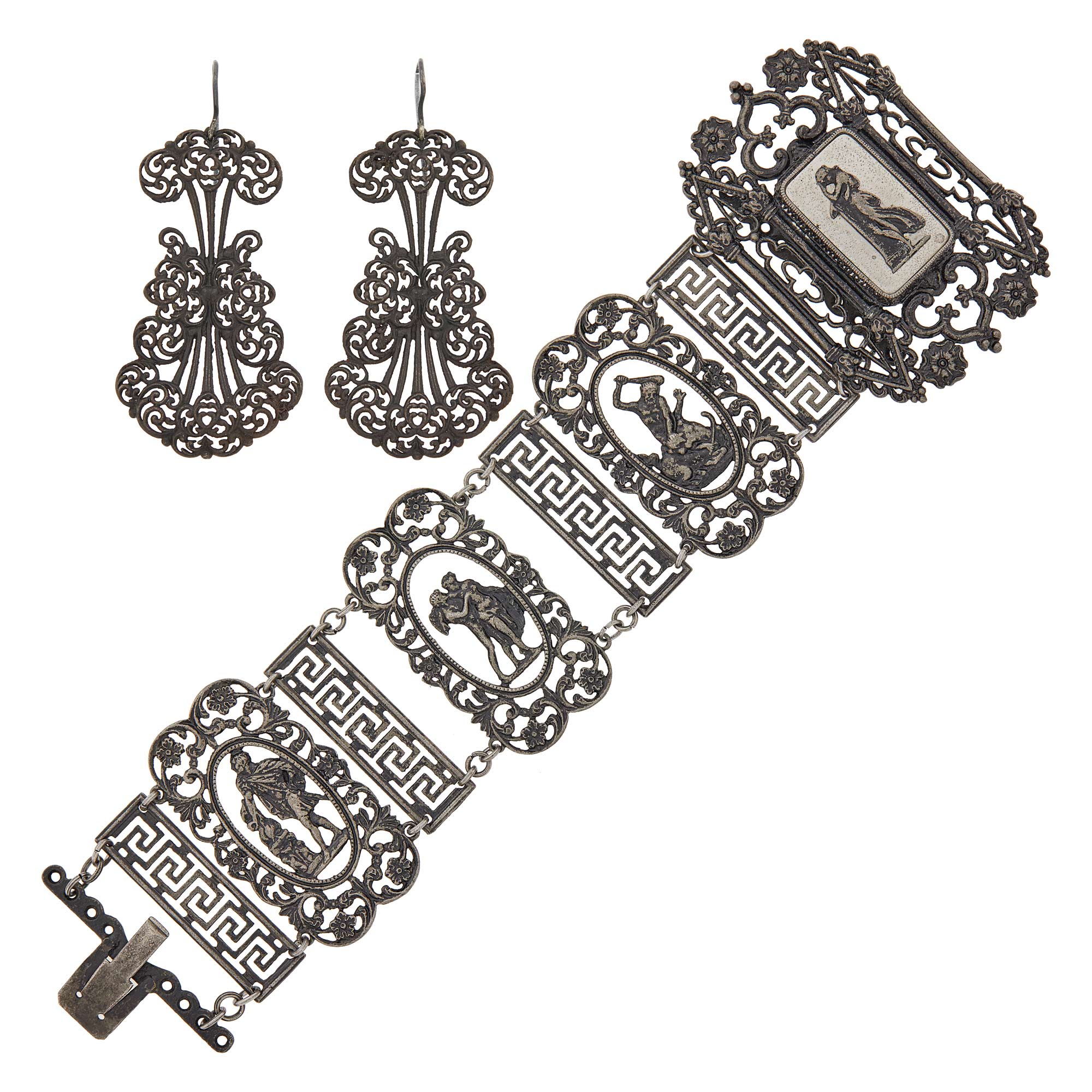 Lot image - Antique Neo-Gothic Berlin Iron and Black Lacquer Cuff Bracelet and Pair of Earrings