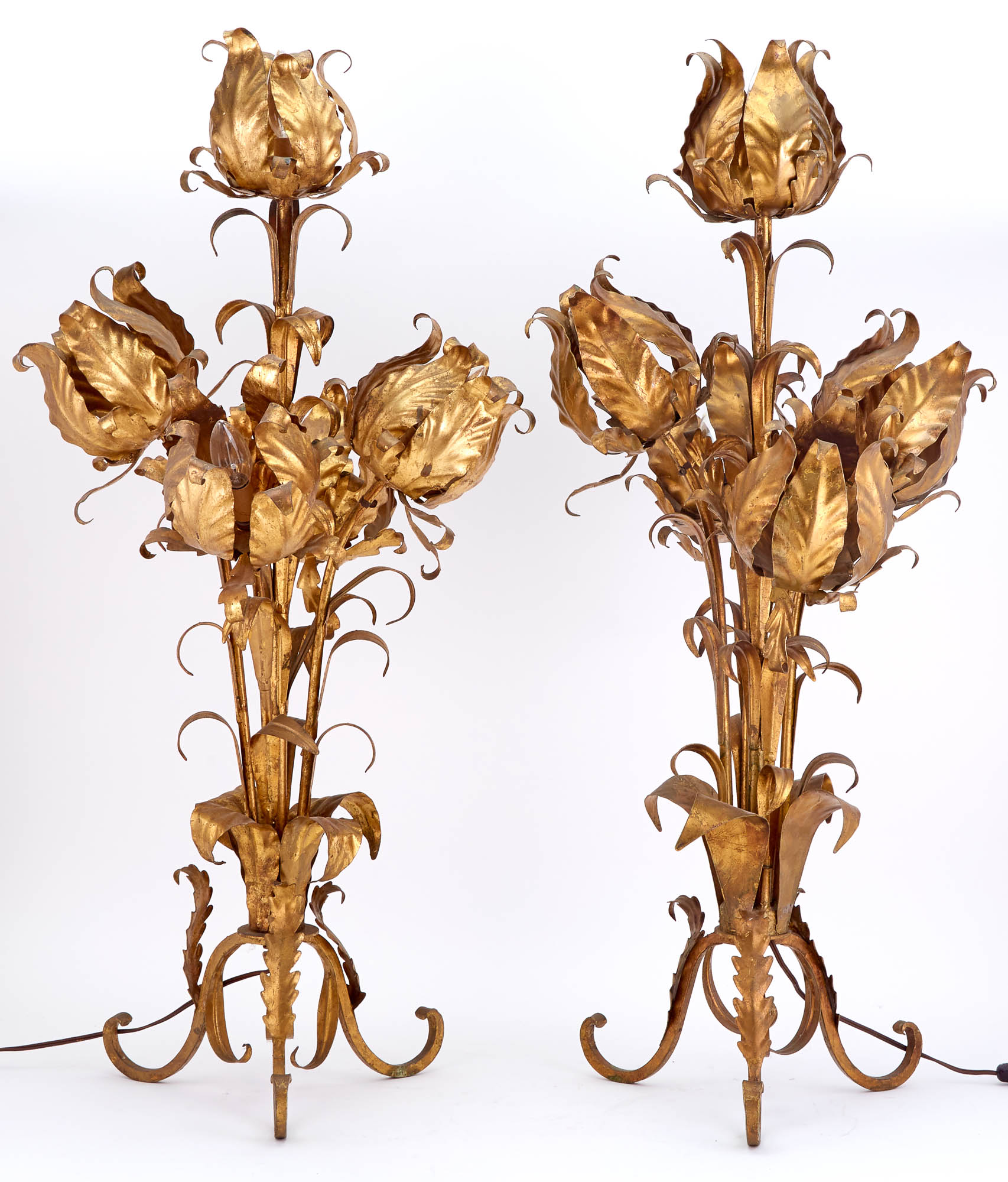 Lot image - Pair of Gilt-Metal Floriform Tripod Standing Lamps