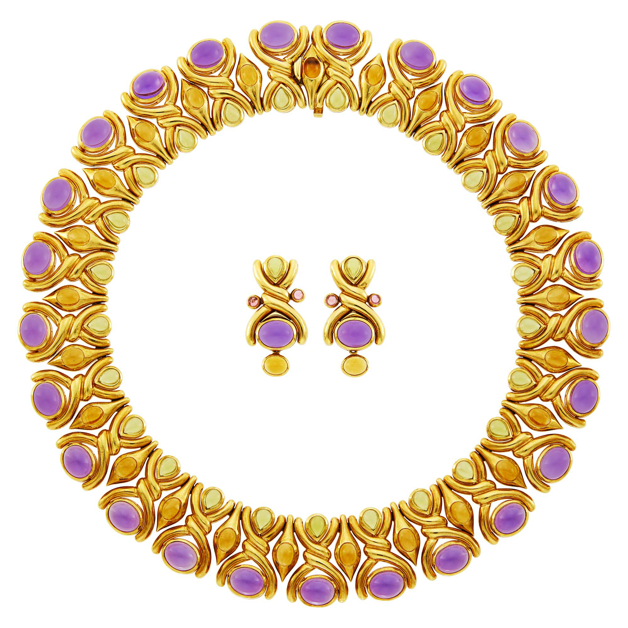 Lot image - Gold, Cabochon Amethyst, Citrine and Peridot Collar Necklace and Pair of Pendant-Earclips